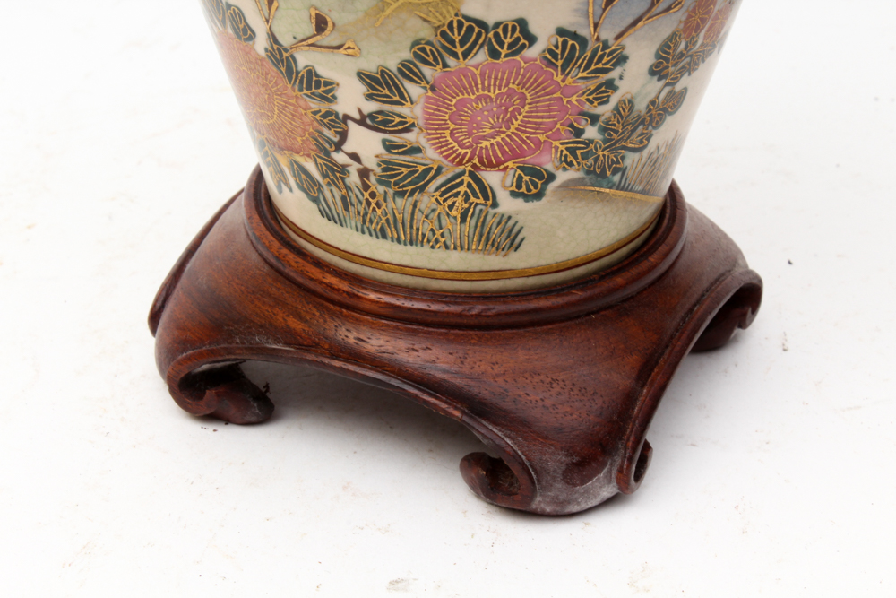 Japanese Satsuma Peacock and Peony Covered Stoneware Vase