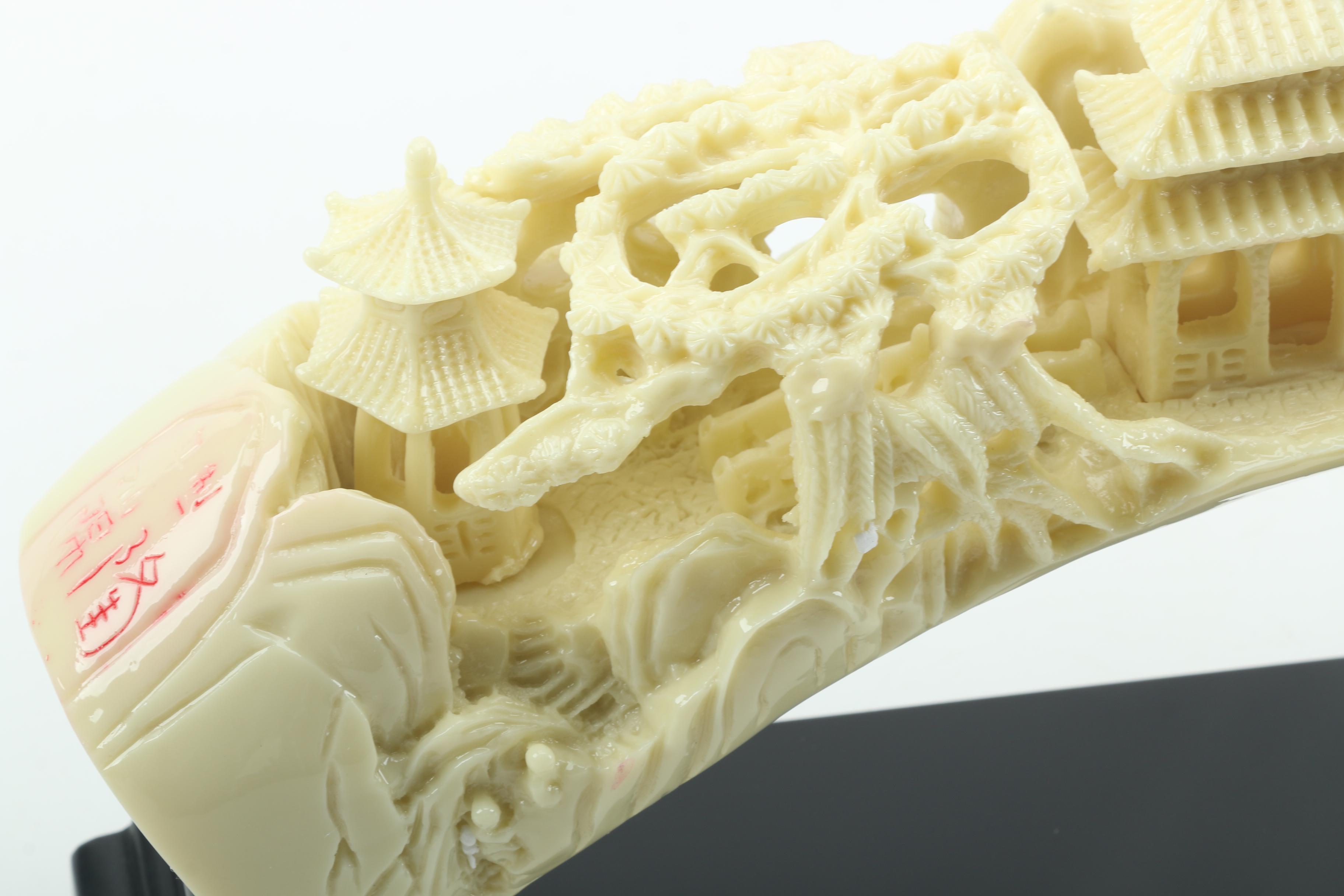 Carved Resin Elephant Tusk With Base