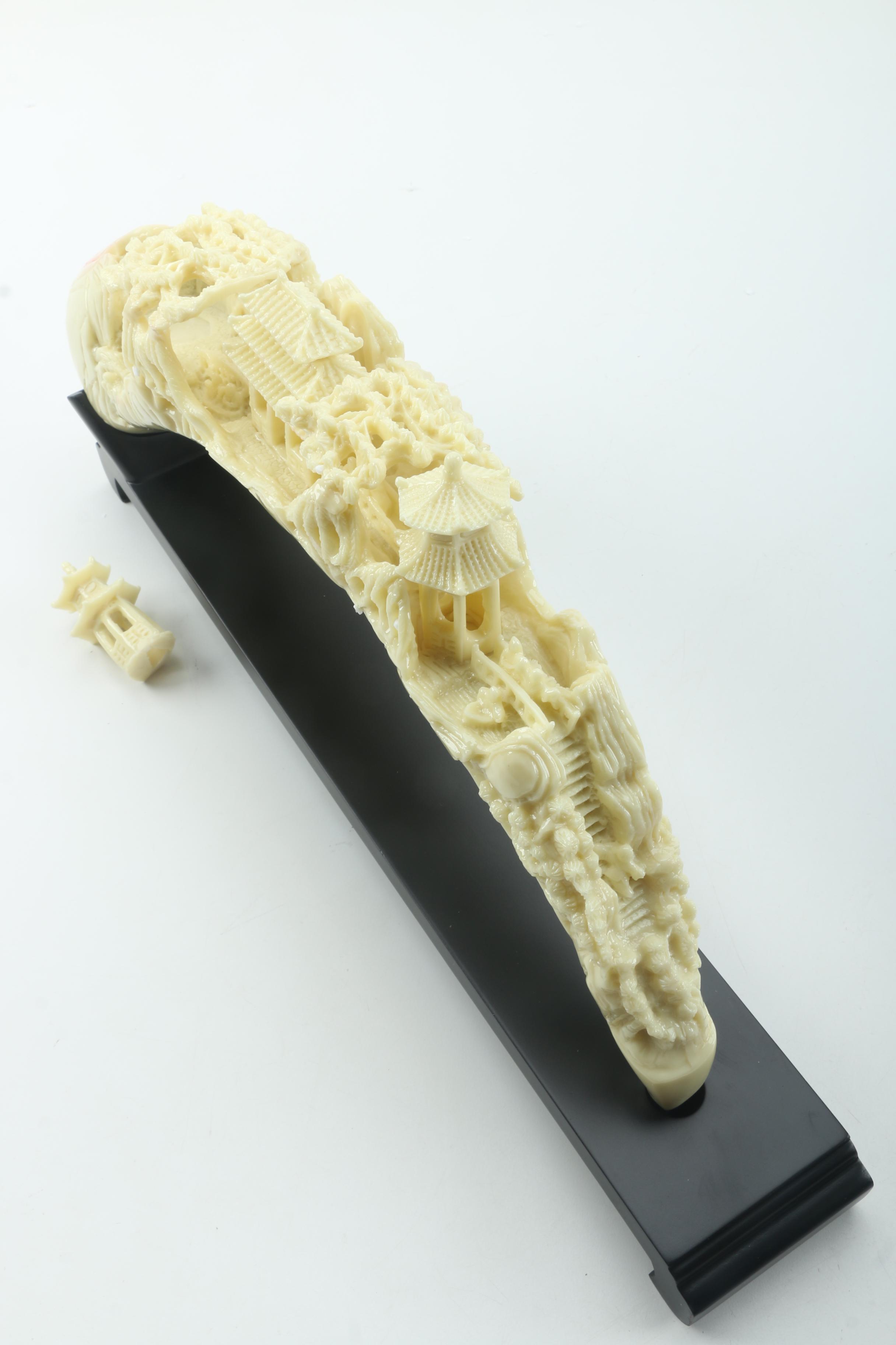 Carved Resin Elephant Tusk With Base