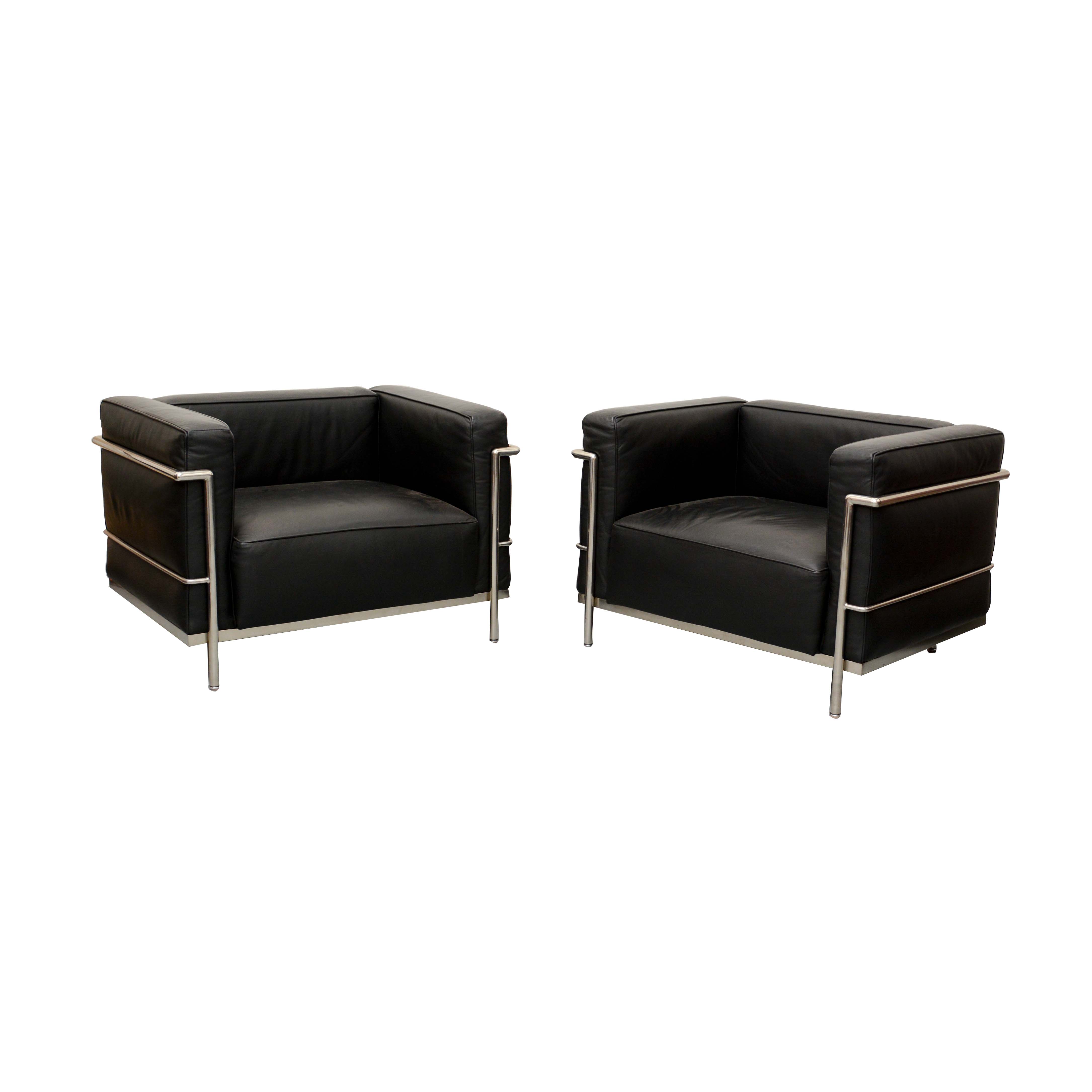 Pair of Mid Century Modern Style Leather Club Chairs After Le Corbusier "LC3"
