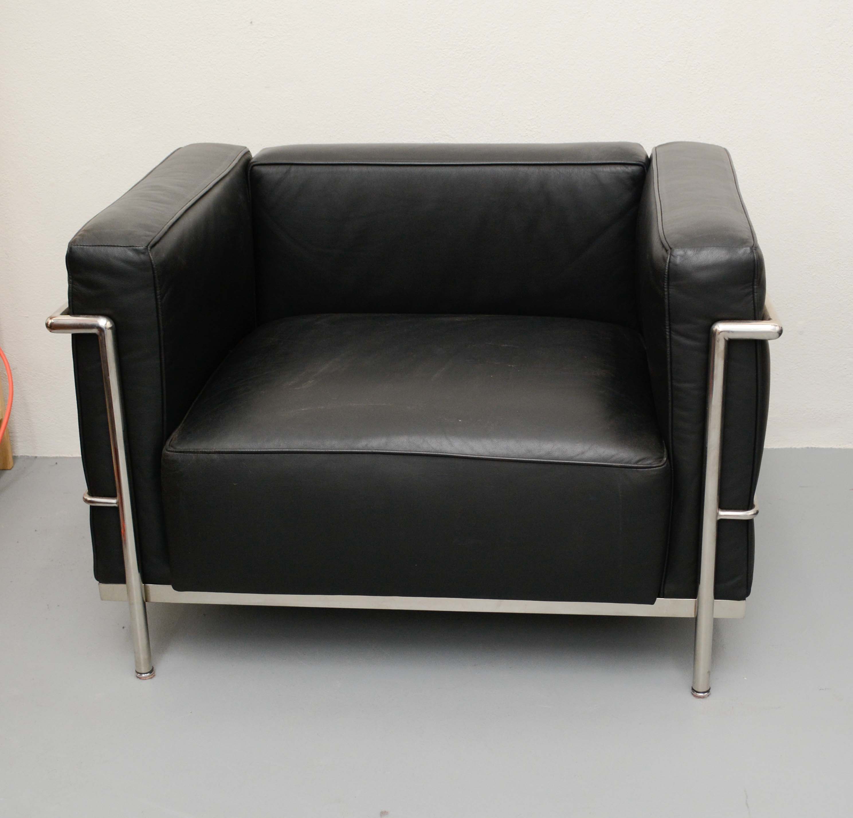 Pair of Mid Century Modern Style Leather Club Chairs After Le Corbusier "LC3"
