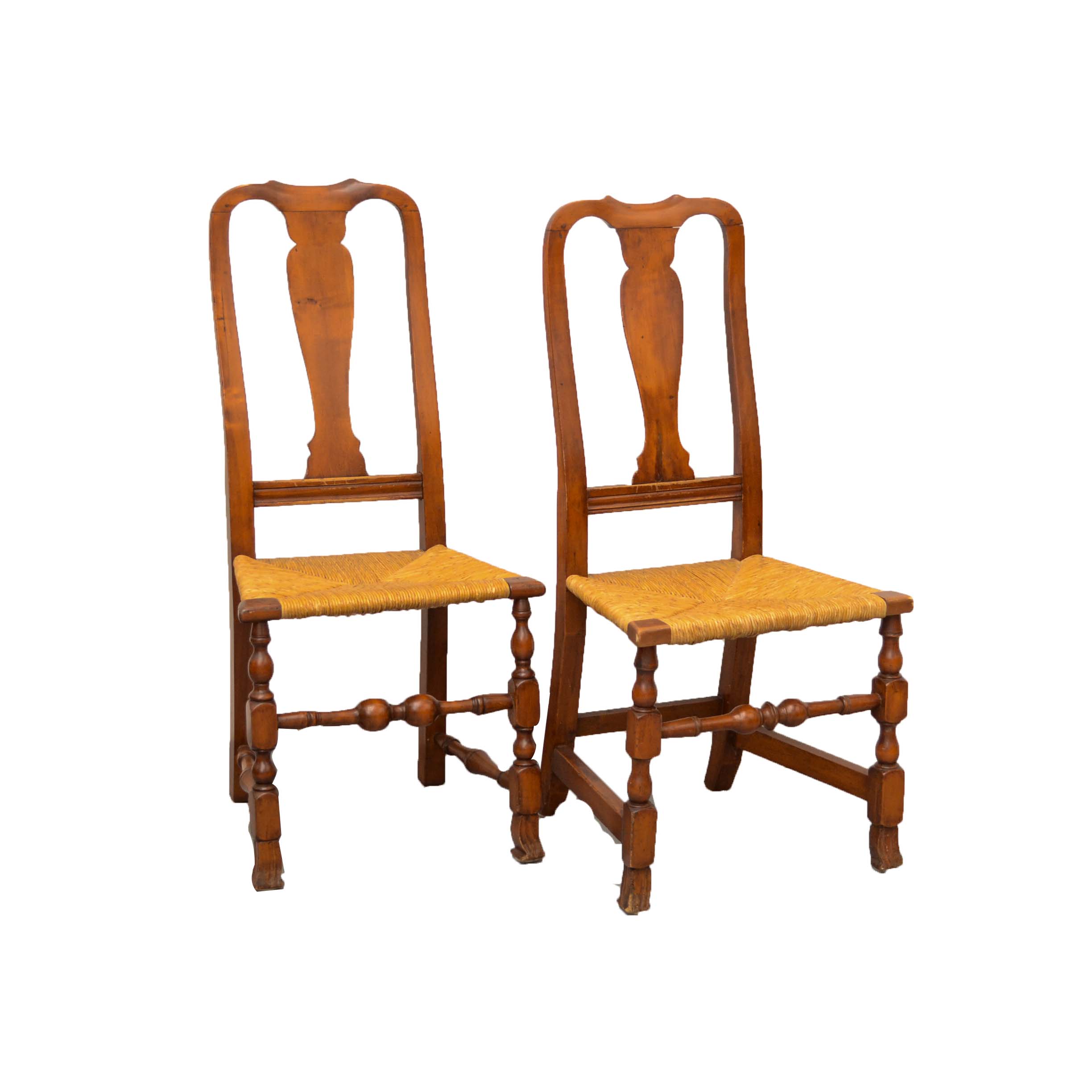 Two Antique Queen Anne Style Rush Bottom Chairs