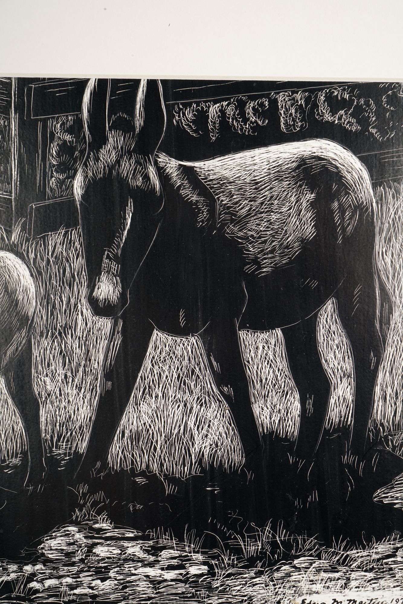 Edna Martin Scratch Board Drawing "Two Donkeys"