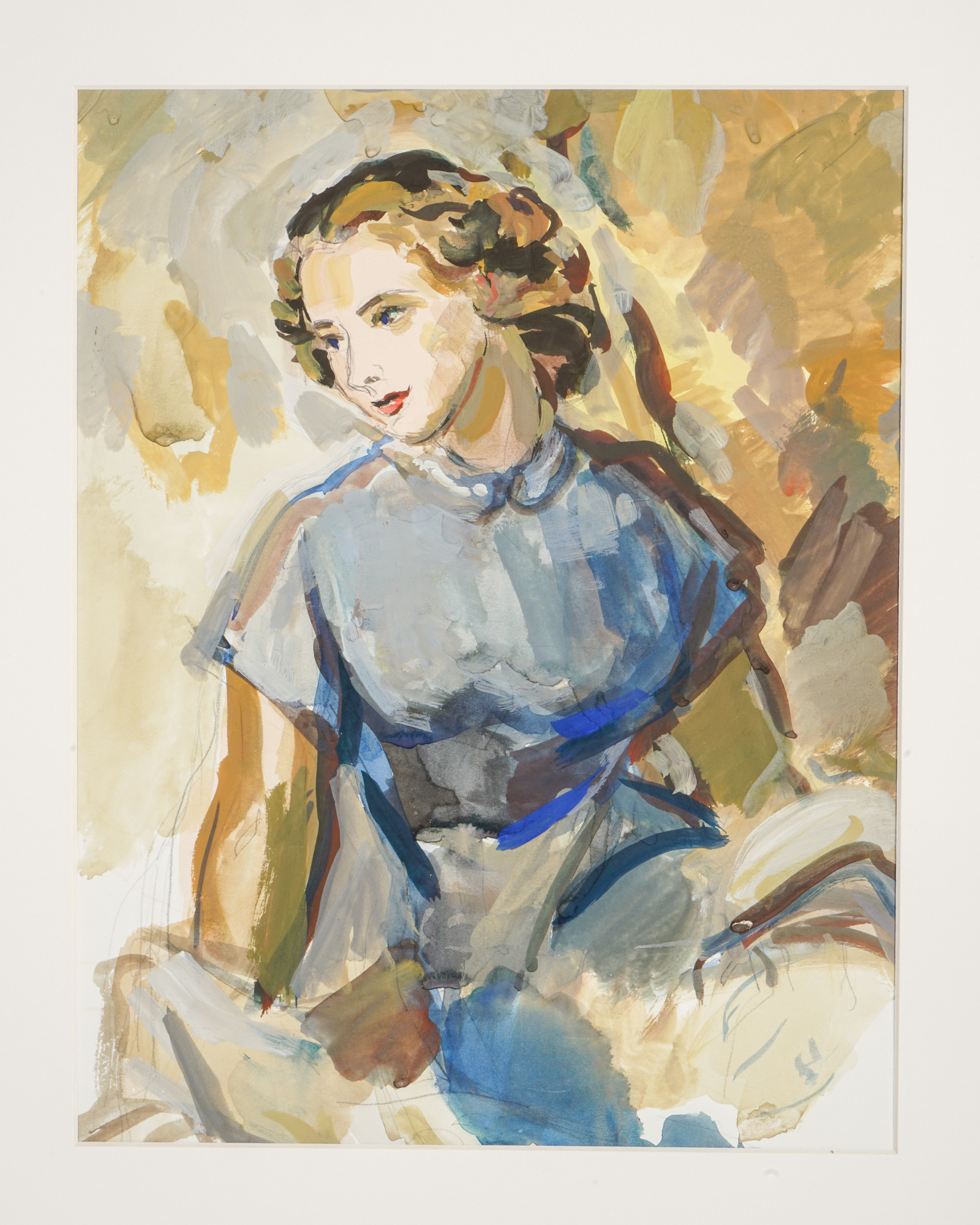 Watercolor Painting Attributed to James Drummond Herbert "Pensive in Blue"