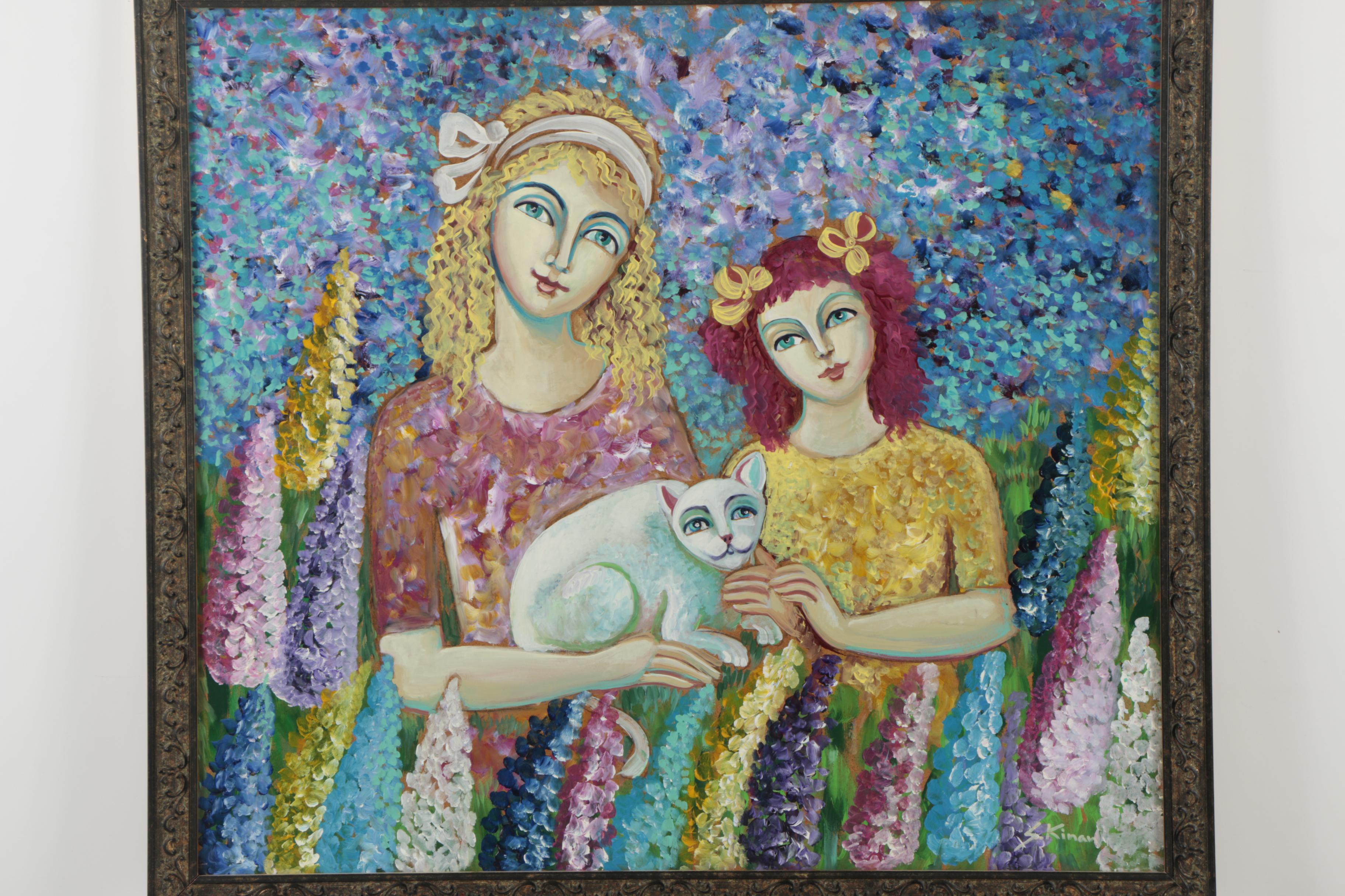 Sarah Kinan Oil Painting of Women with Cat