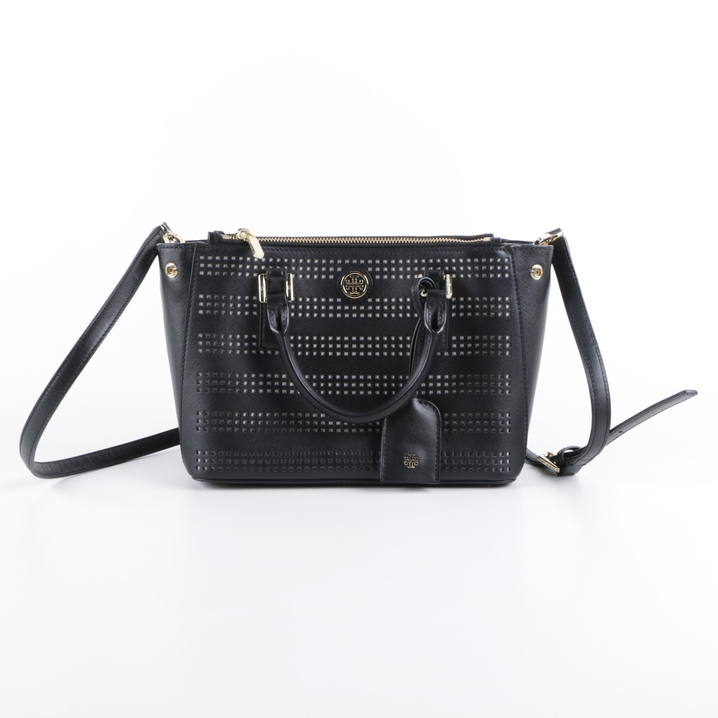 Tory Burch Robinson Black Leather Perforated Tote