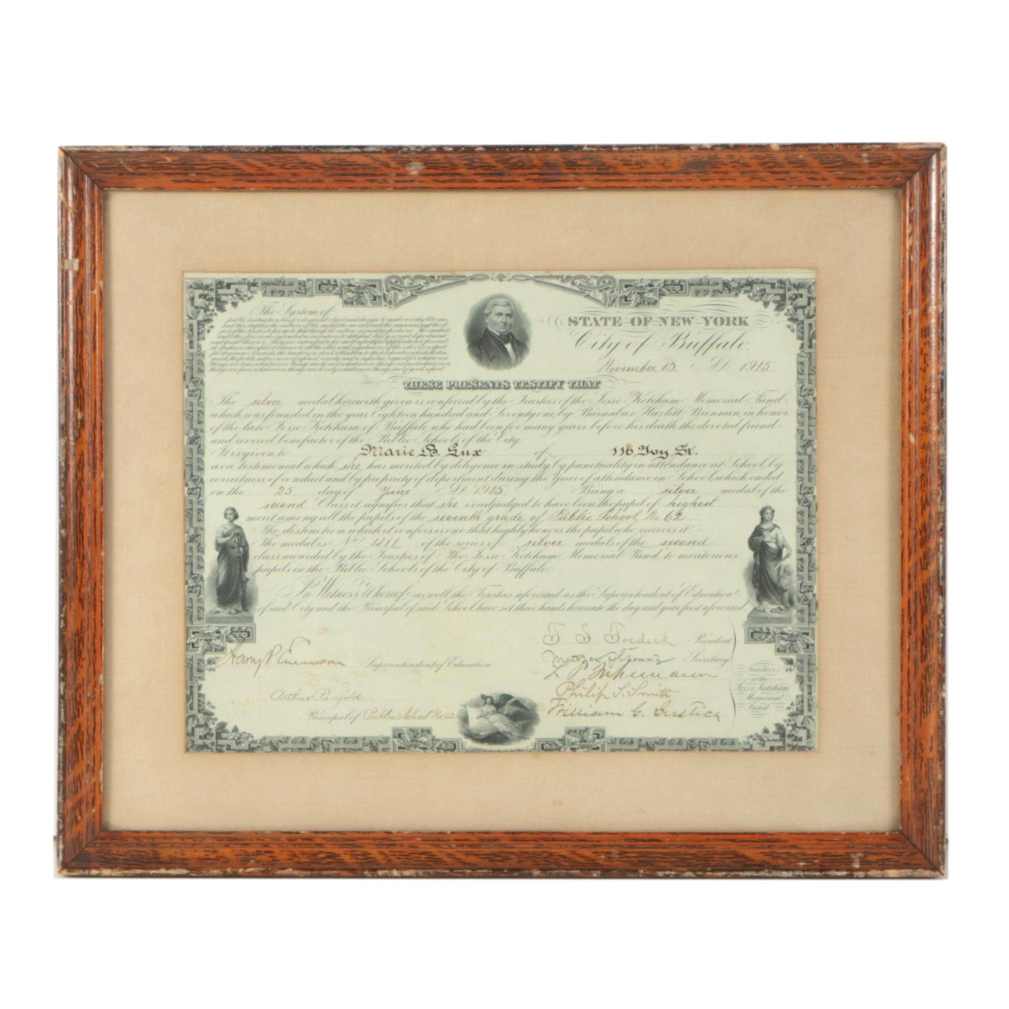 1915 Buffalo, New York, Silver Medal Award School Certificate In Frame