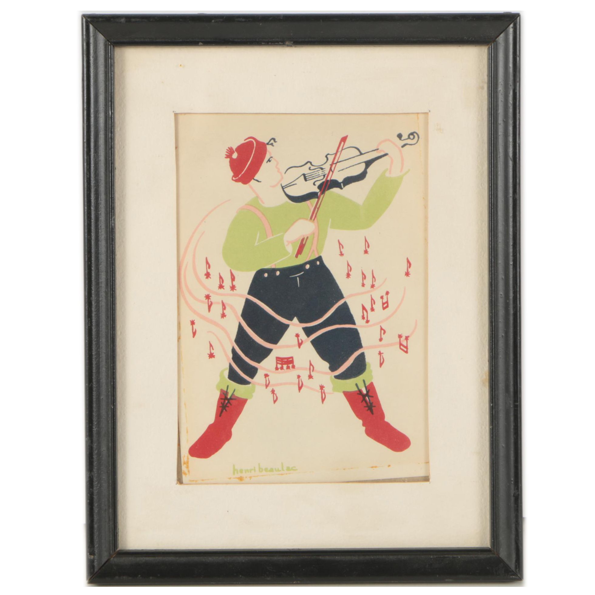 Vintage Henri Beaulac Color Lithograph of Fiddler