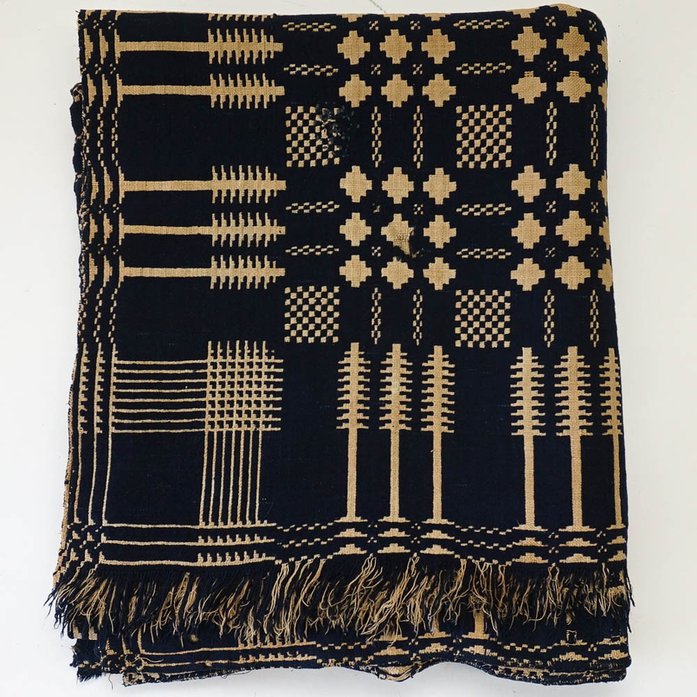 Antique Handwoven Linsey-Woolsey Jacquard Doubleweave Coverlet
