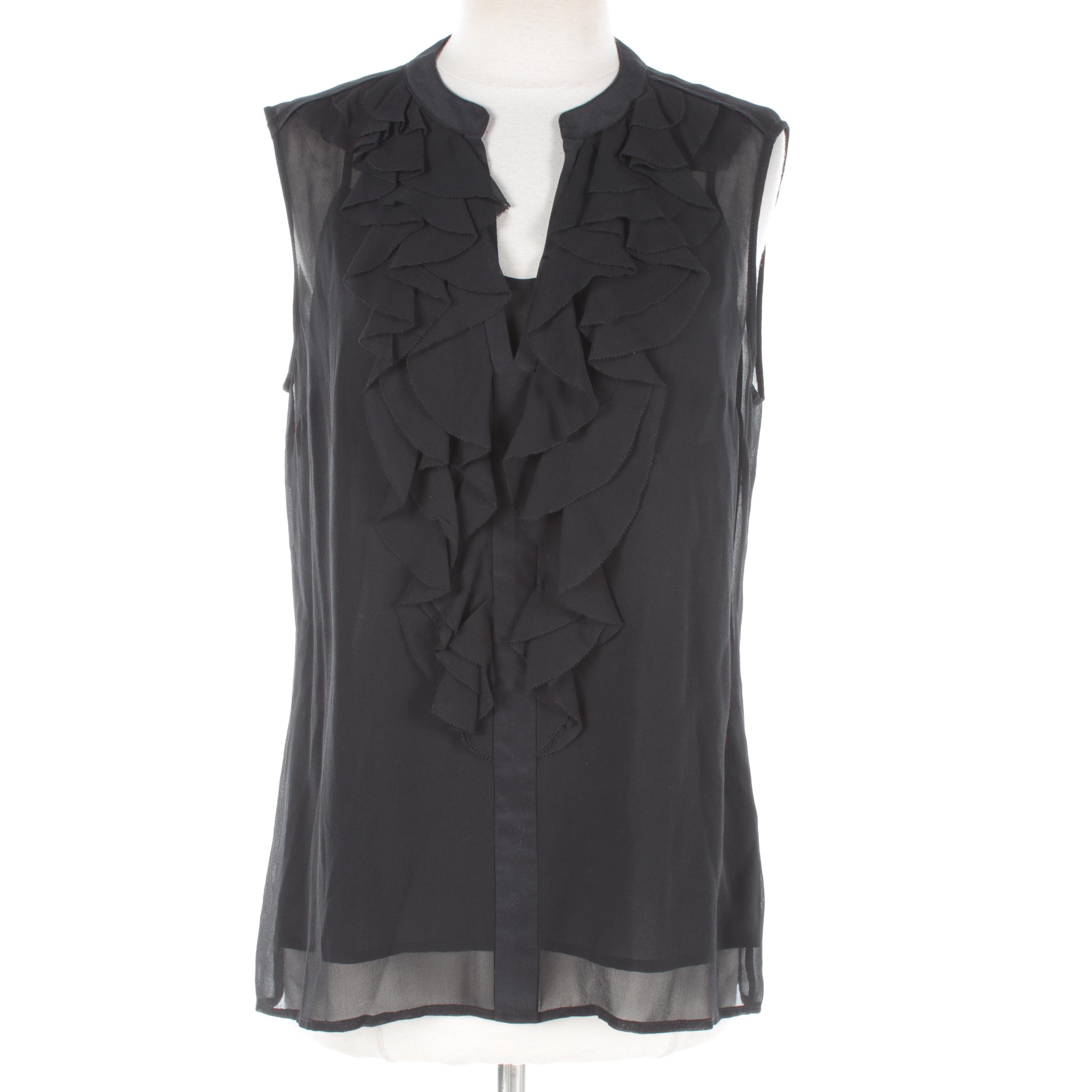 Tory Burch Sheer Black Silk Sleeveless Ruffle Top