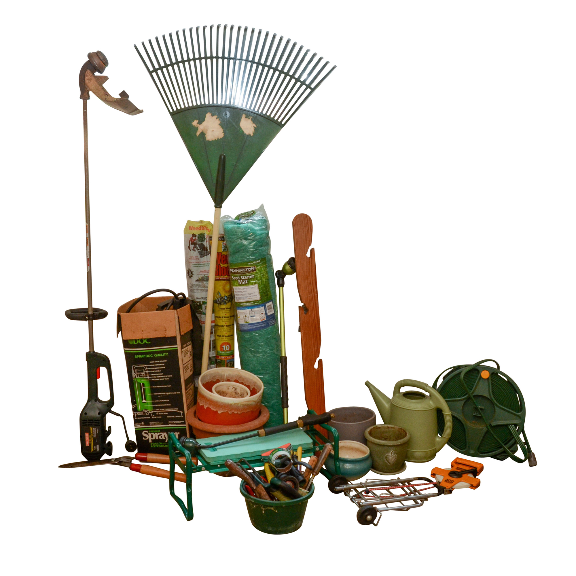 Rake, Electric Weed Trimmer, Planters, Reel Measuring Line, Tools and More