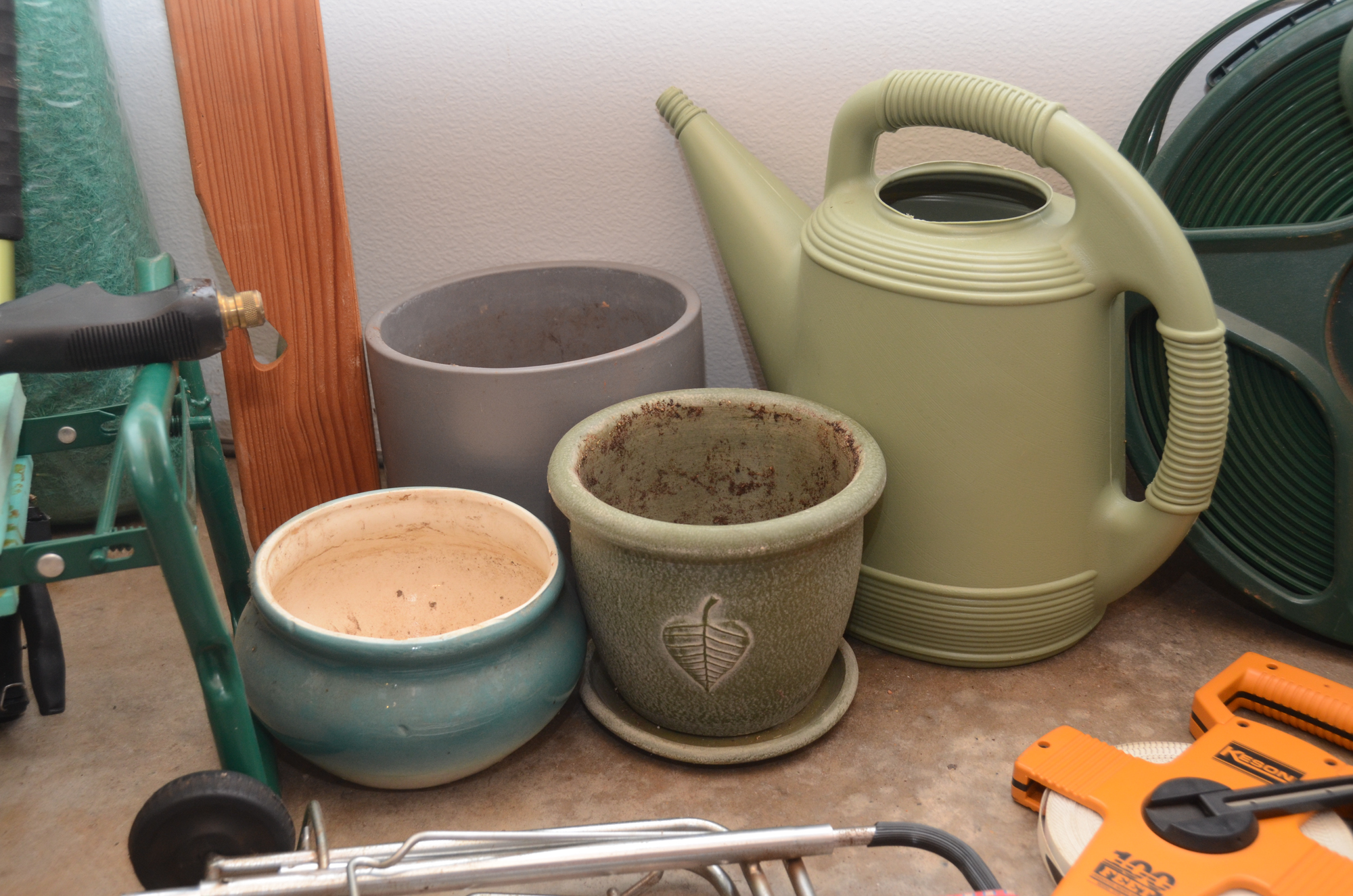 Rake, Electric Weed Trimmer, Planters, Reel Measuring Line, Tools and More