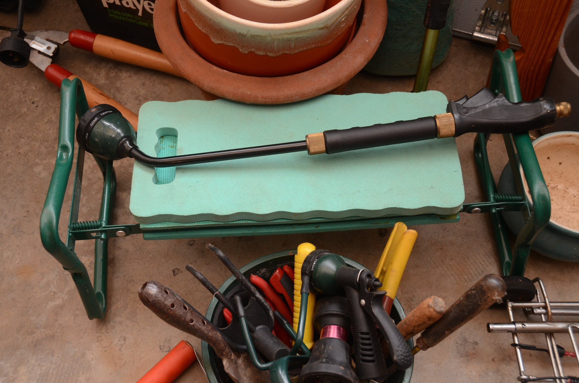 Rake, Electric Weed Trimmer, Planters, Reel Measuring Line, Tools and More