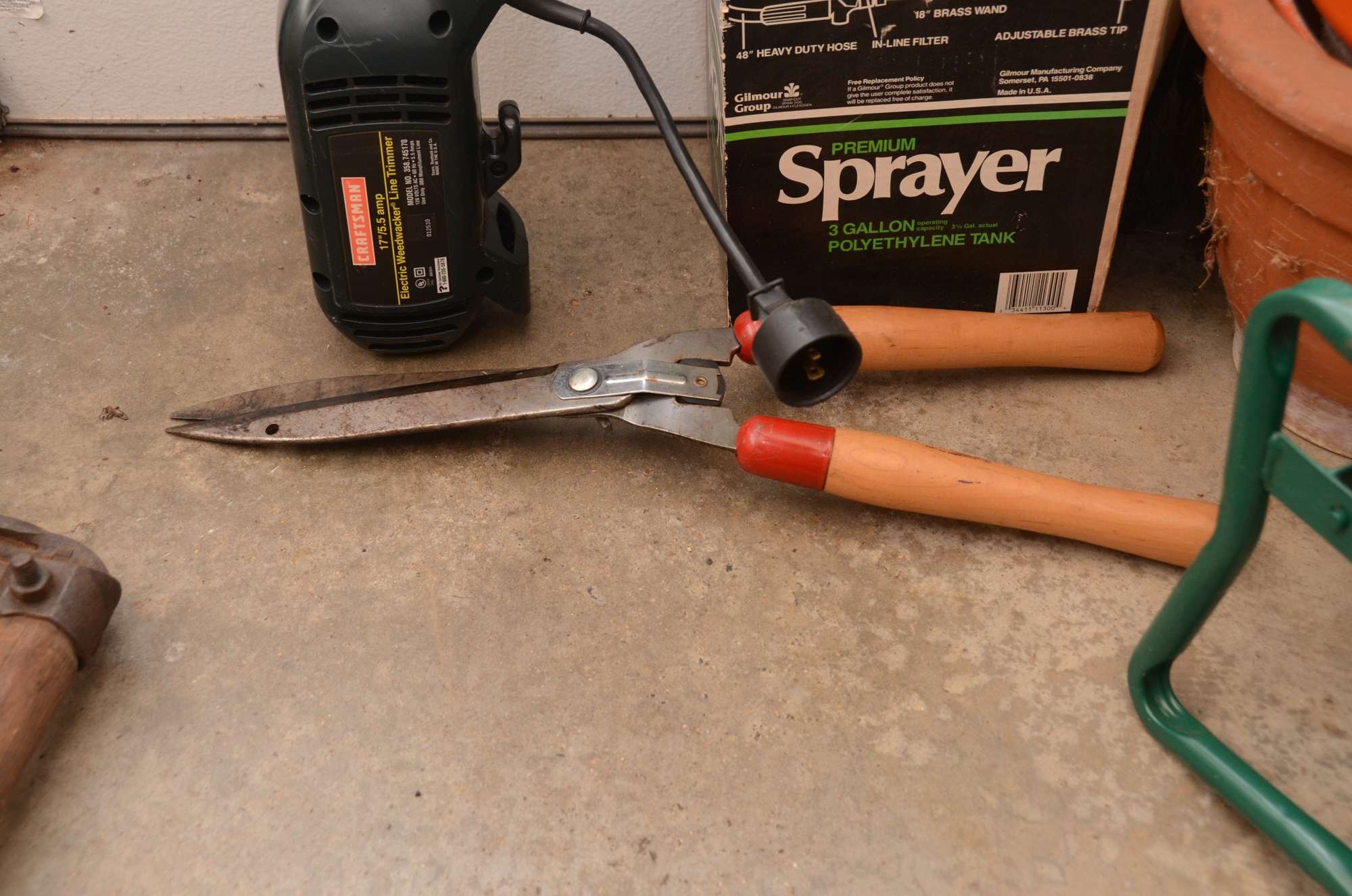 Rake, Electric Weed Trimmer, Planters, Reel Measuring Line, Tools and More