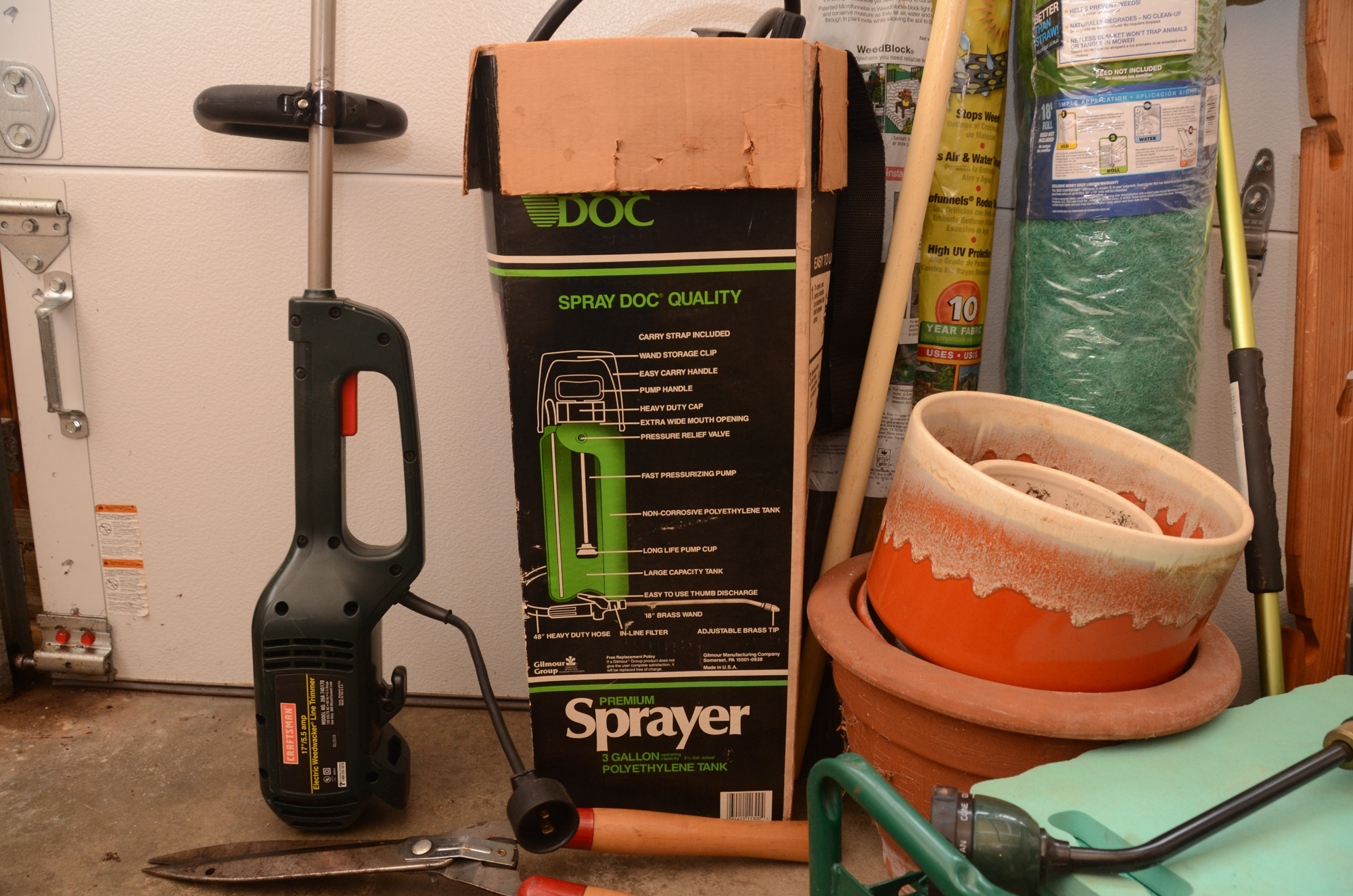 Rake, Electric Weed Trimmer, Planters, Reel Measuring Line, Tools and More