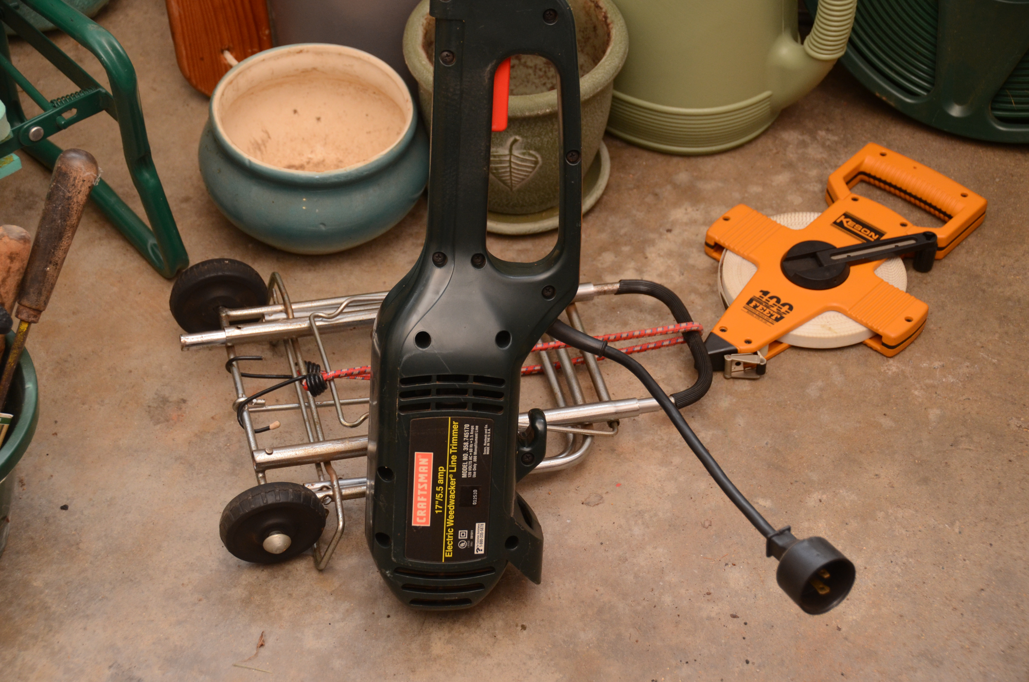 Rake, Electric Weed Trimmer, Planters, Reel Measuring Line, Tools and More