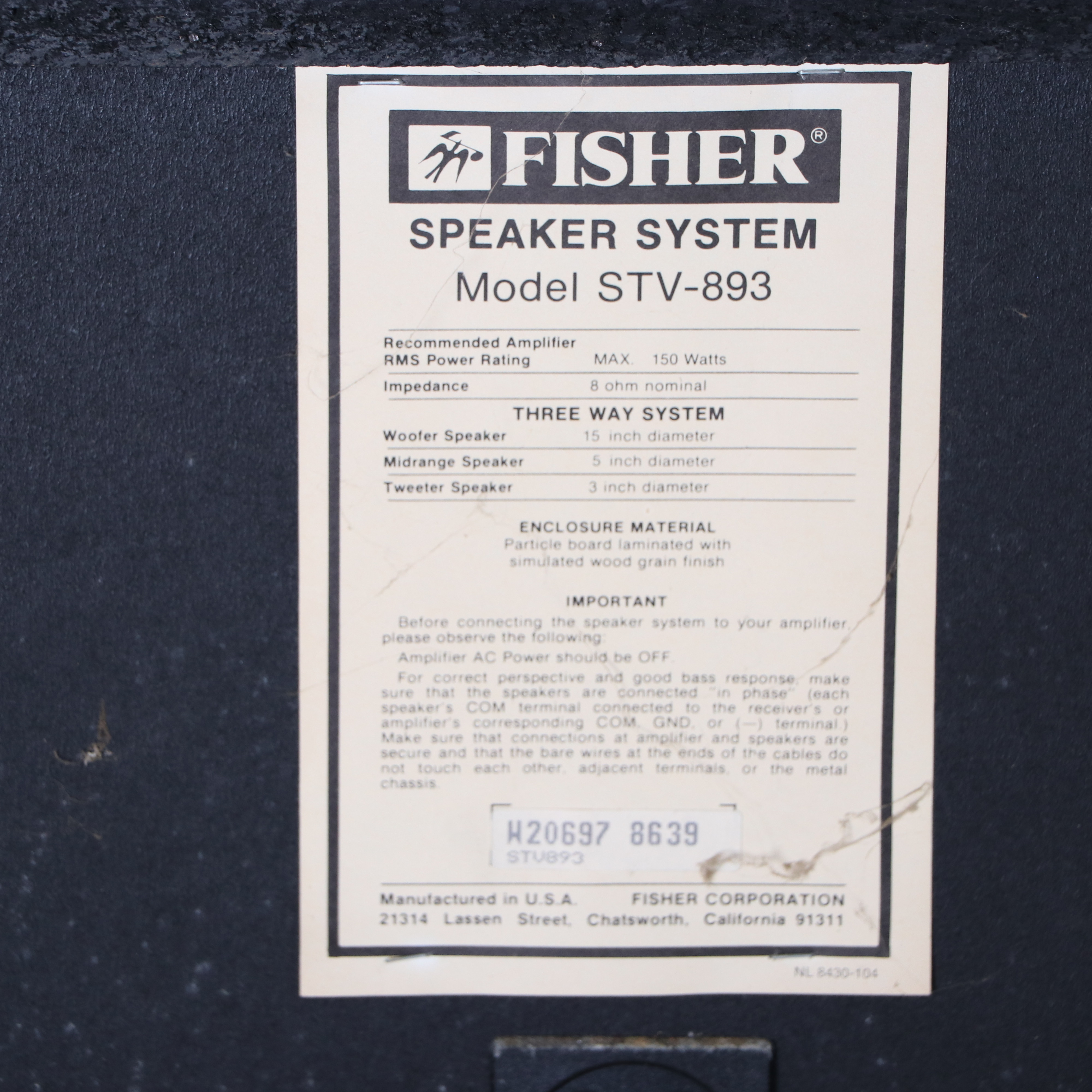 Vintage Fisher STV-893 Floorstanding Speakers