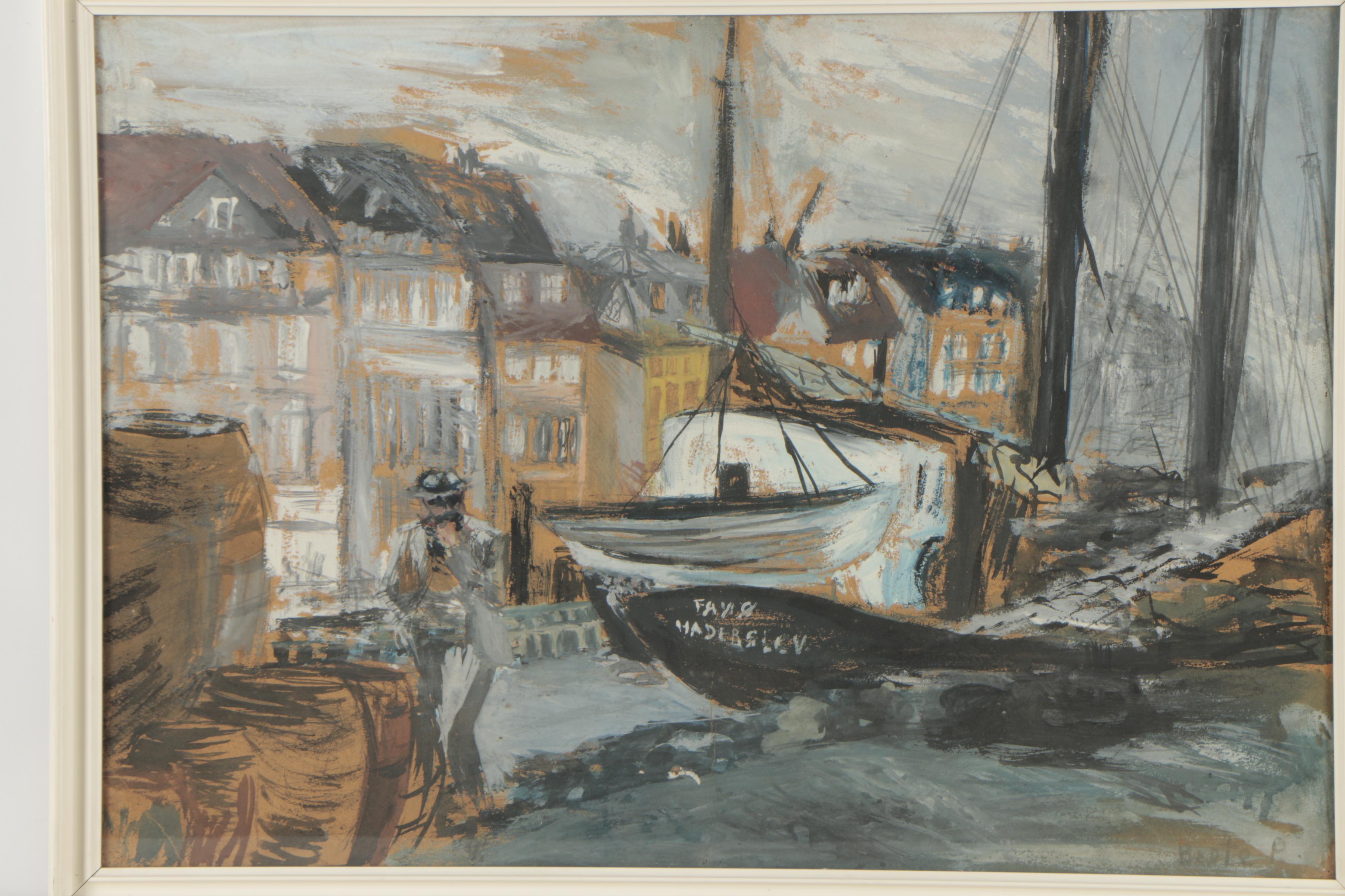 Gouache Painting of a Man on the Docks