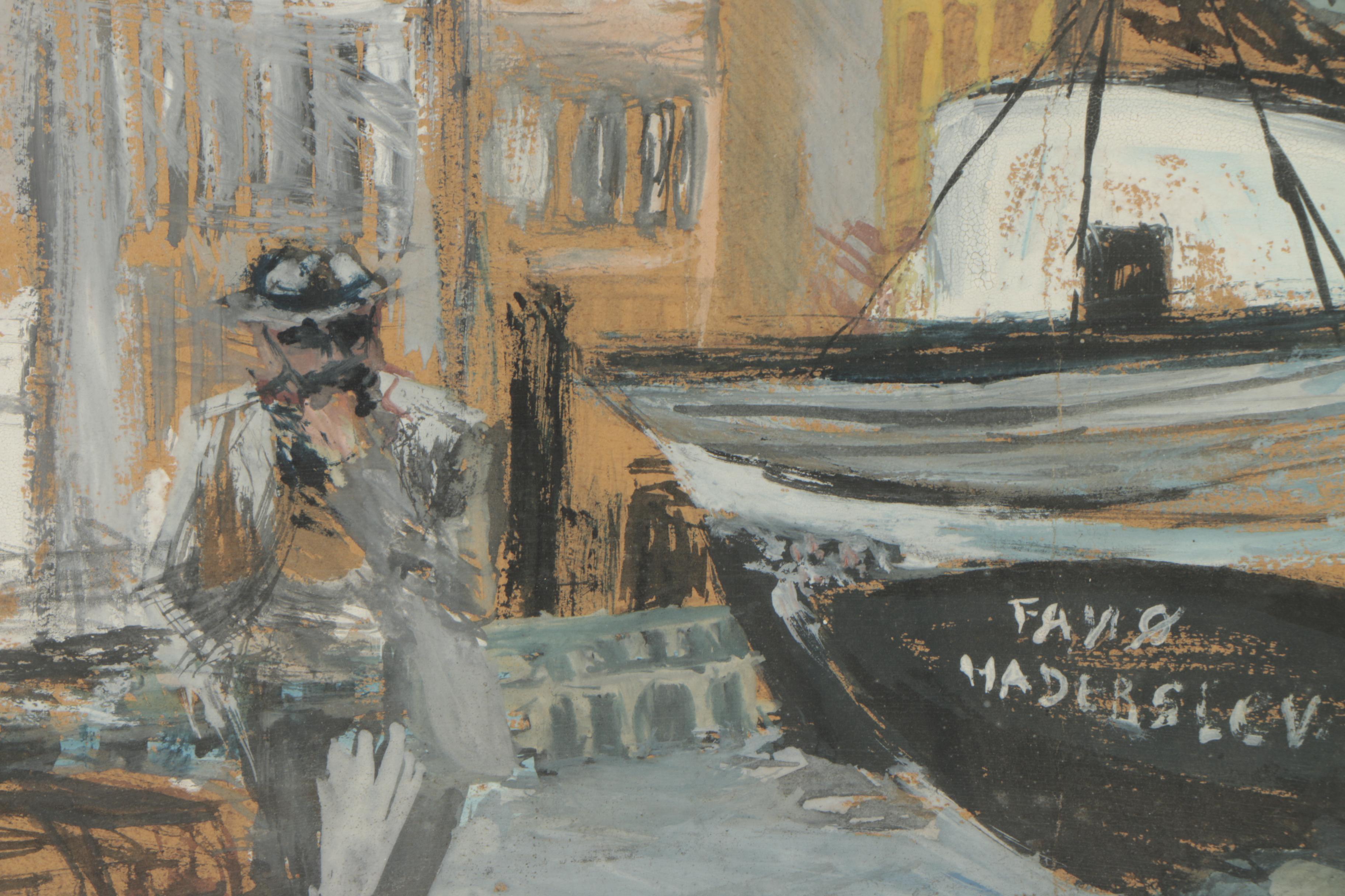 Gouache Painting of a Man on the Docks