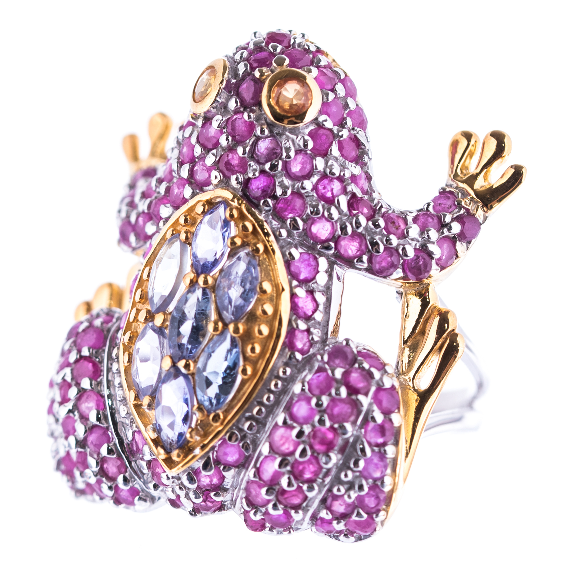 Sterling Silver and Gold Wash Accent Ruby, Tanzanite, and Sapphire Frog Ring