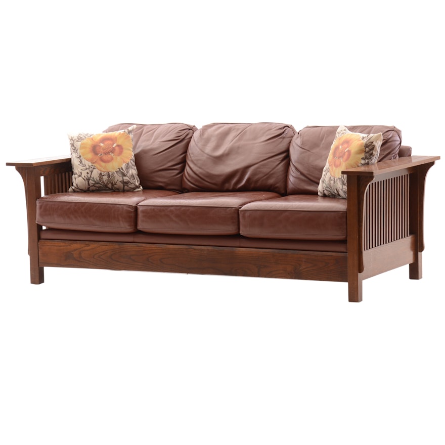 Arts and Crafts Style Oak and Leather Sofa by Bassett