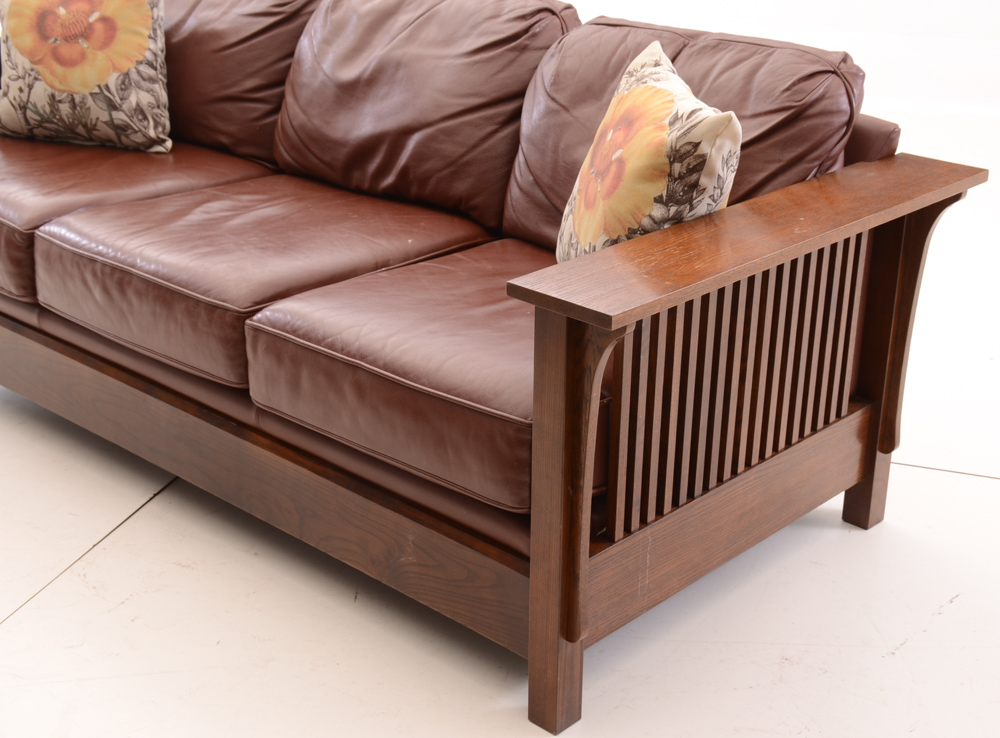 Arts and Crafts Style Oak and Leather Sofa by Bassett