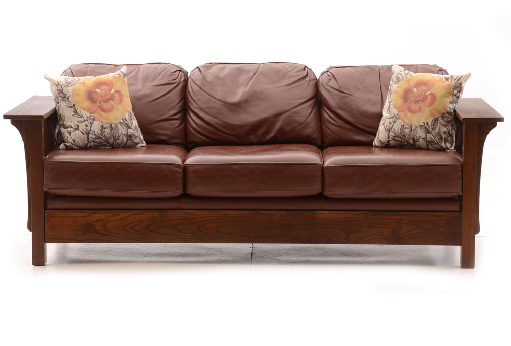 Arts and Crafts Style Oak and Leather Sofa by Bassett