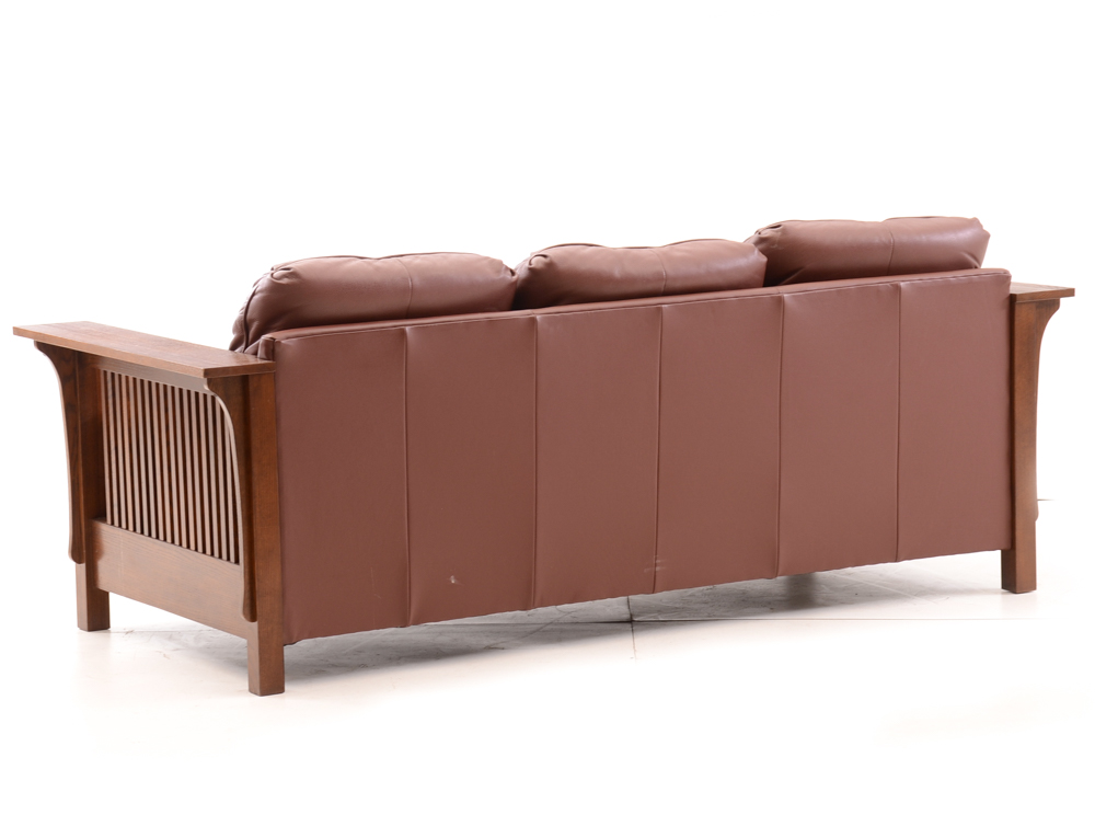 Arts and Crafts Style Oak and Leather Sofa by Bassett