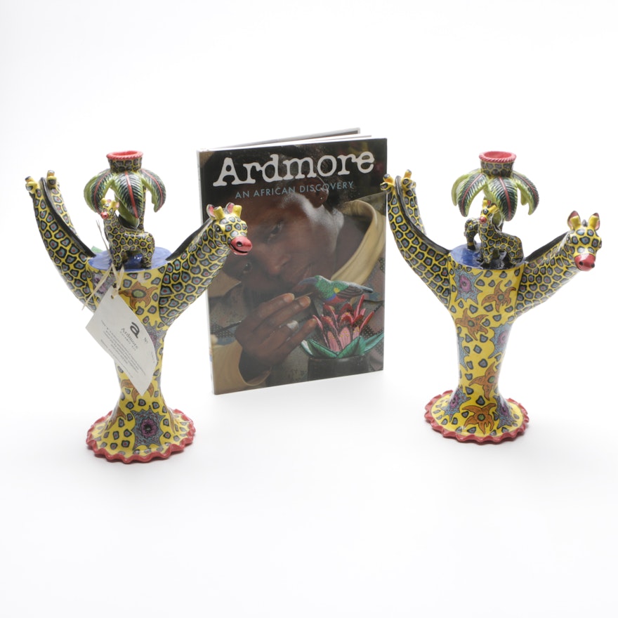 Hand Painted Ardmore Giraffe Candle Holders and Book