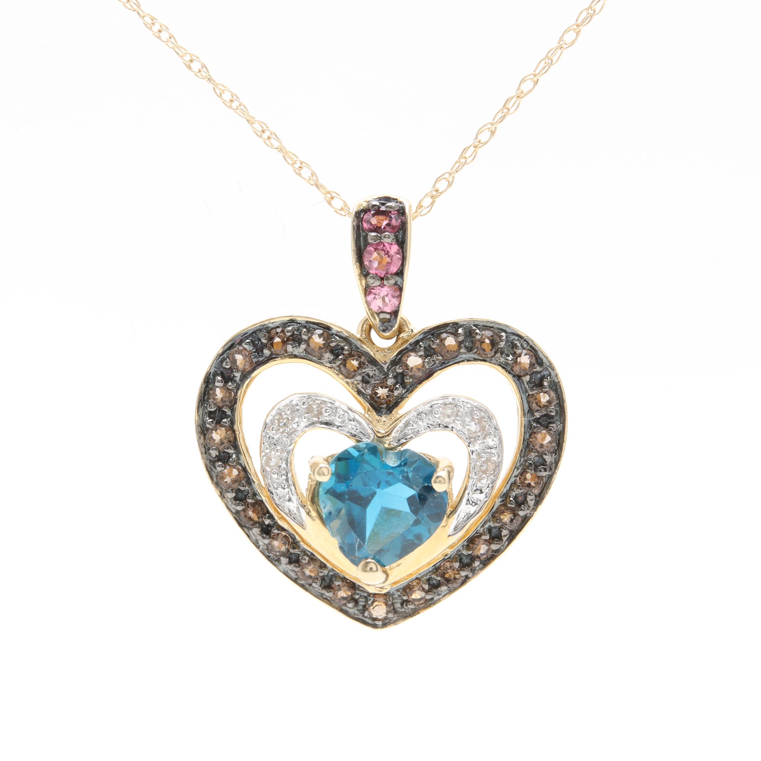 10K Yellow Gold Gemstone and Diamond Heart Pendant Necklace