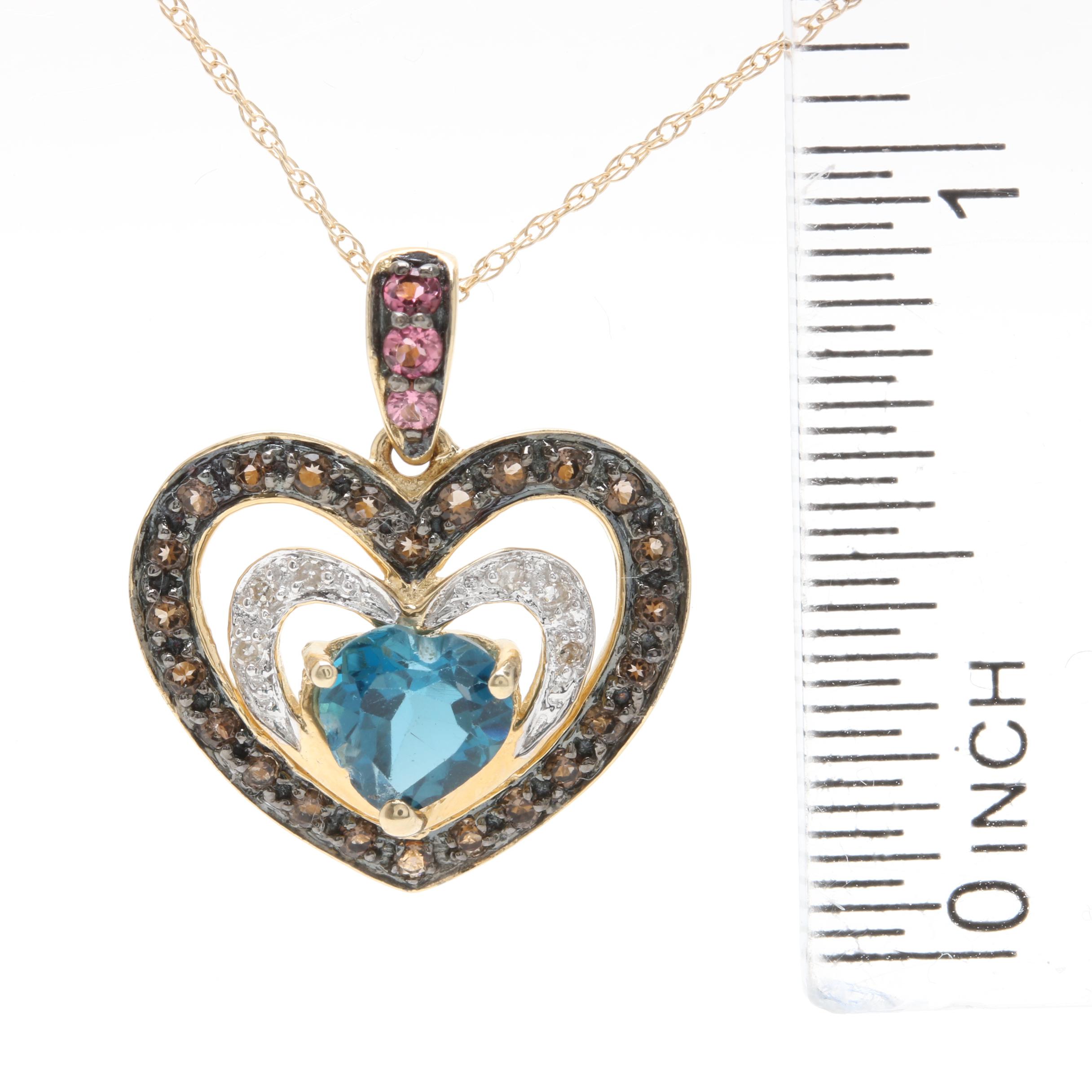 10K Yellow Gold Gemstone and Diamond Heart Pendant Necklace