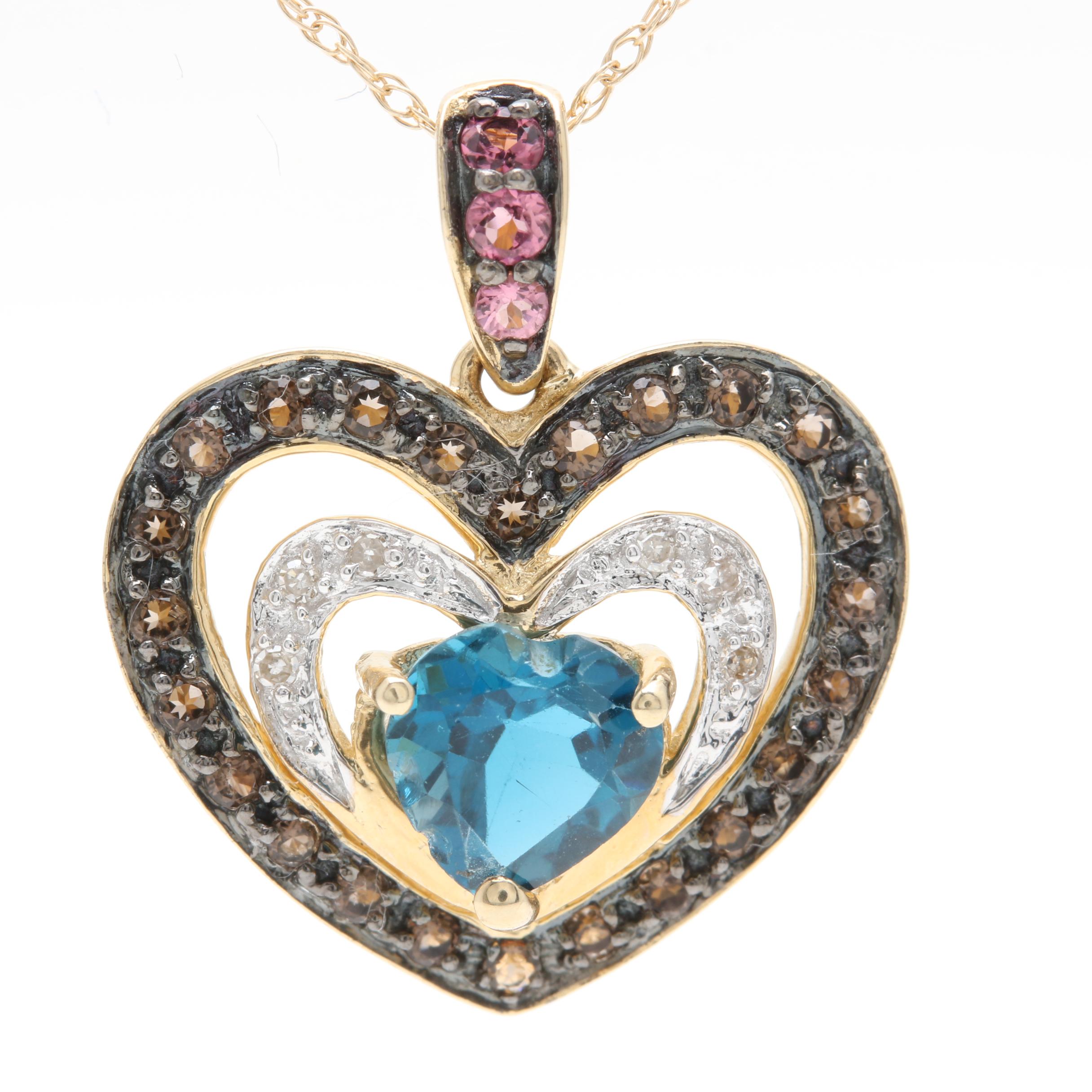 10K Yellow Gold Gemstone and Diamond Heart Pendant Necklace