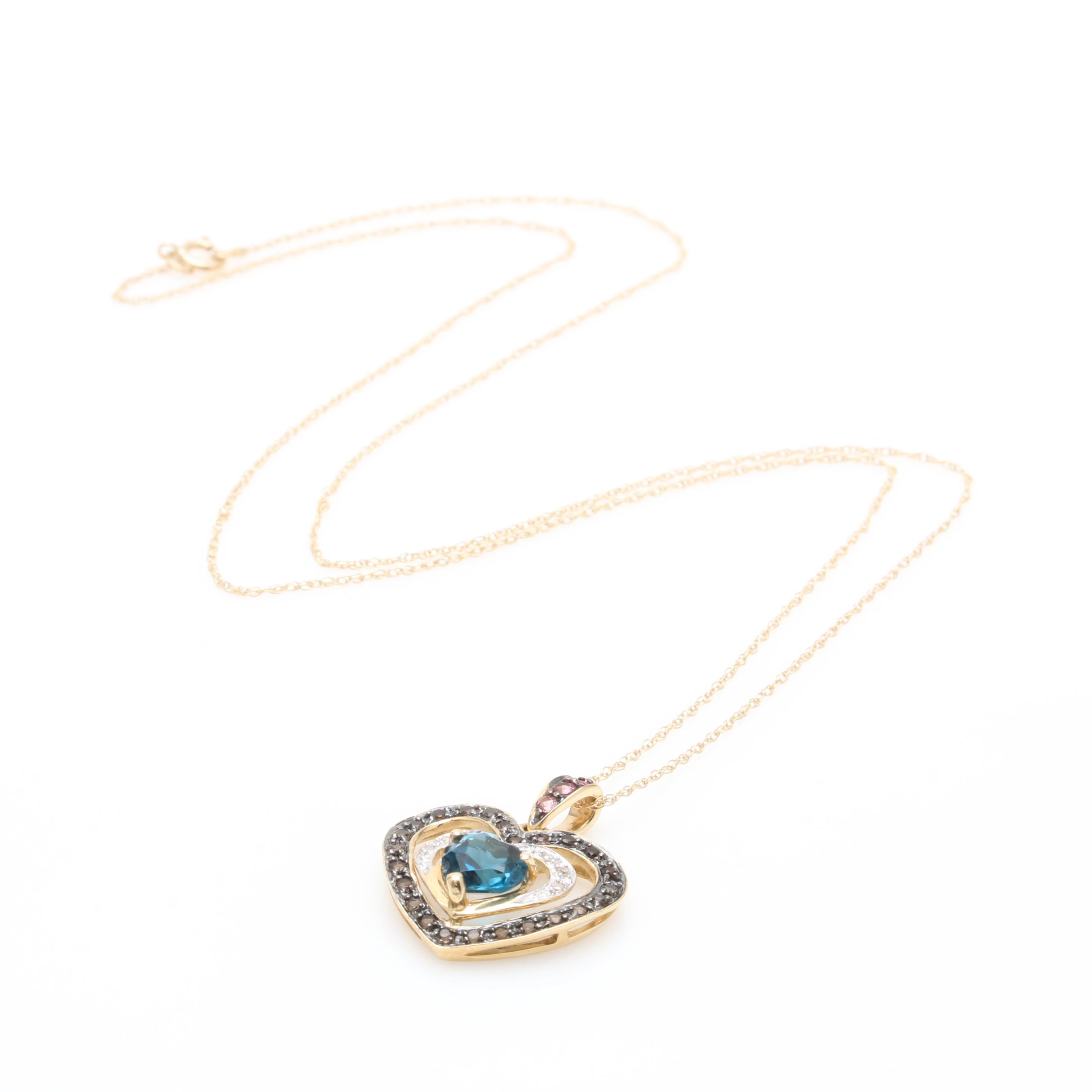 10K Yellow Gold Gemstone and Diamond Heart Pendant Necklace