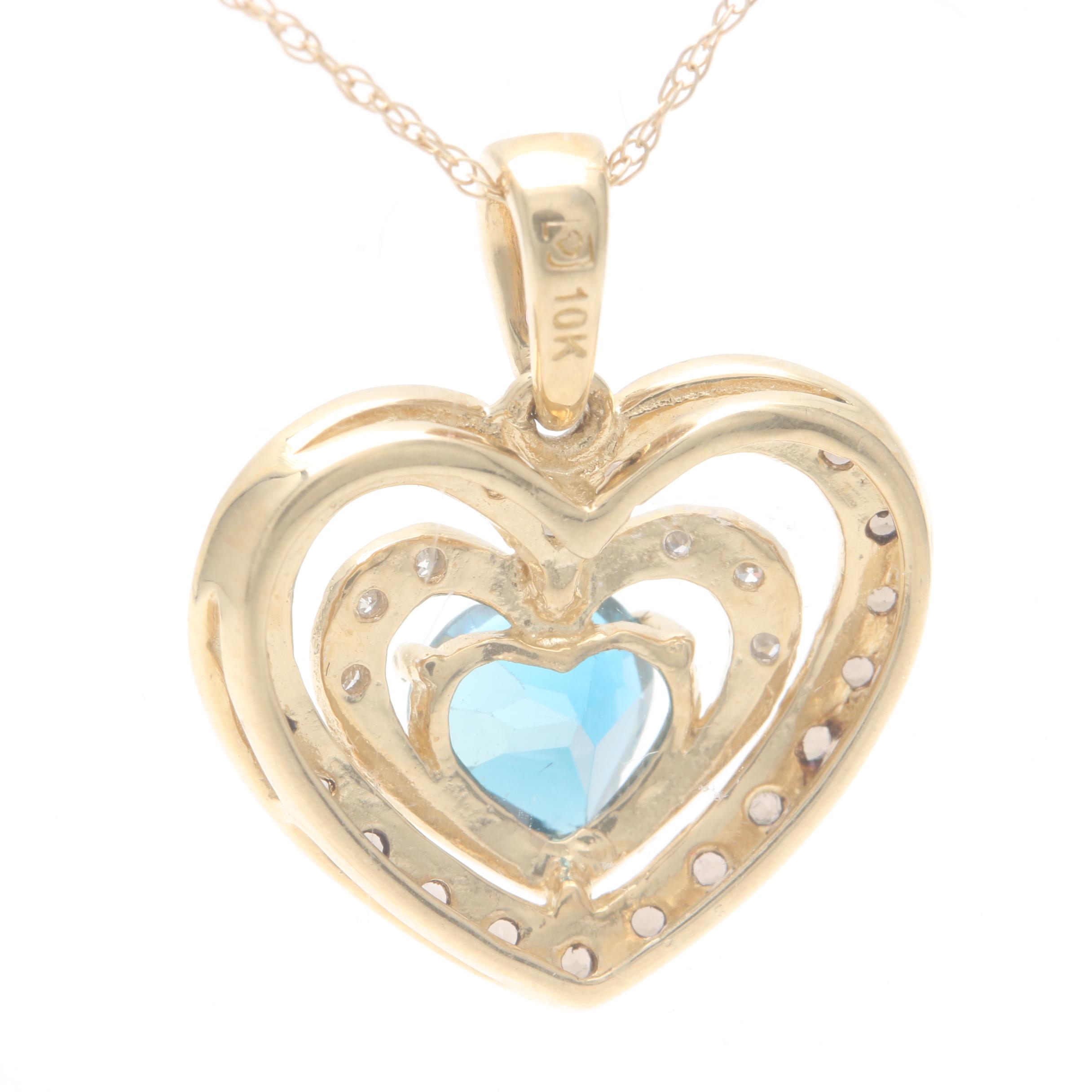 10K Yellow Gold Gemstone and Diamond Heart Pendant Necklace