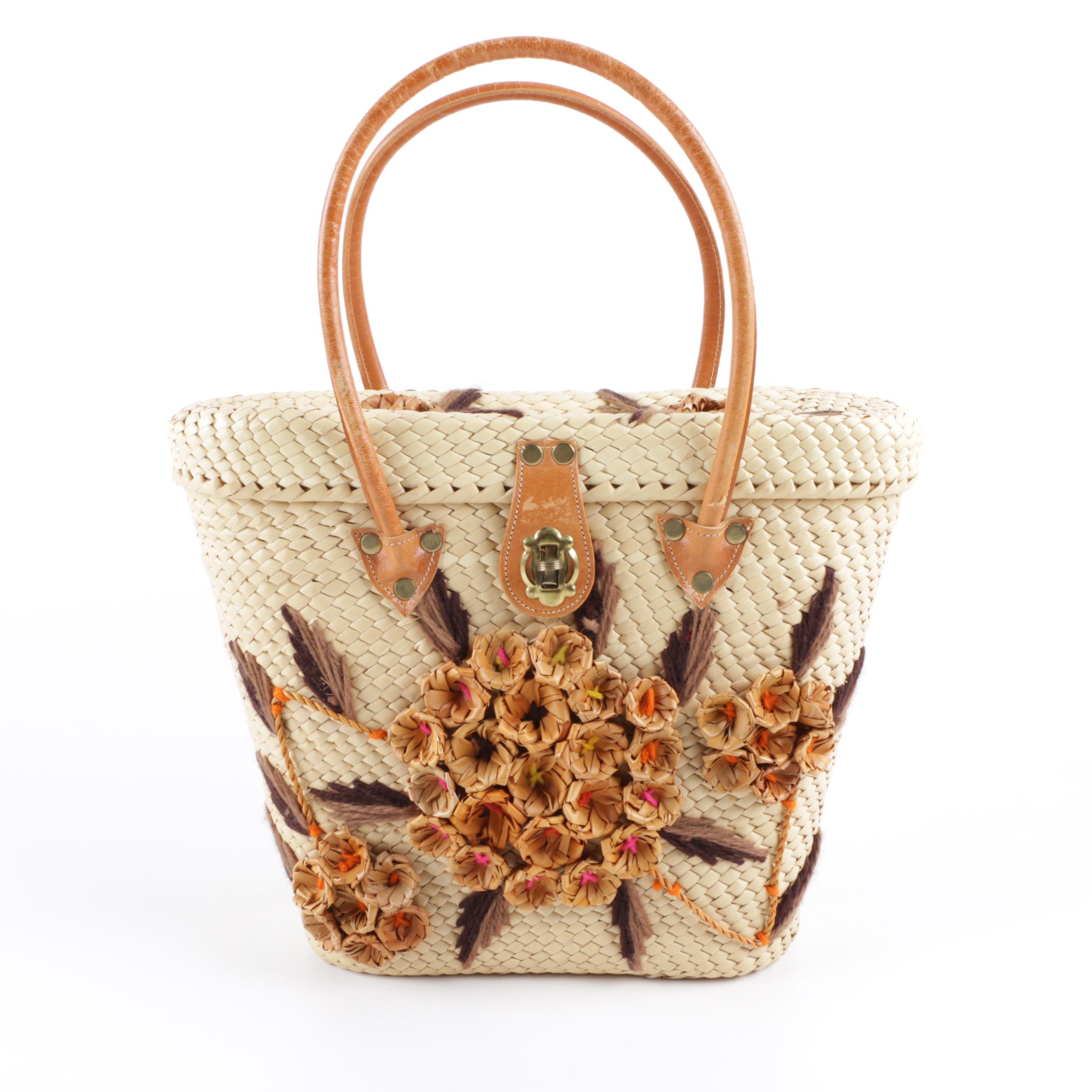 Vintage Raffia Tote with Leather Handles