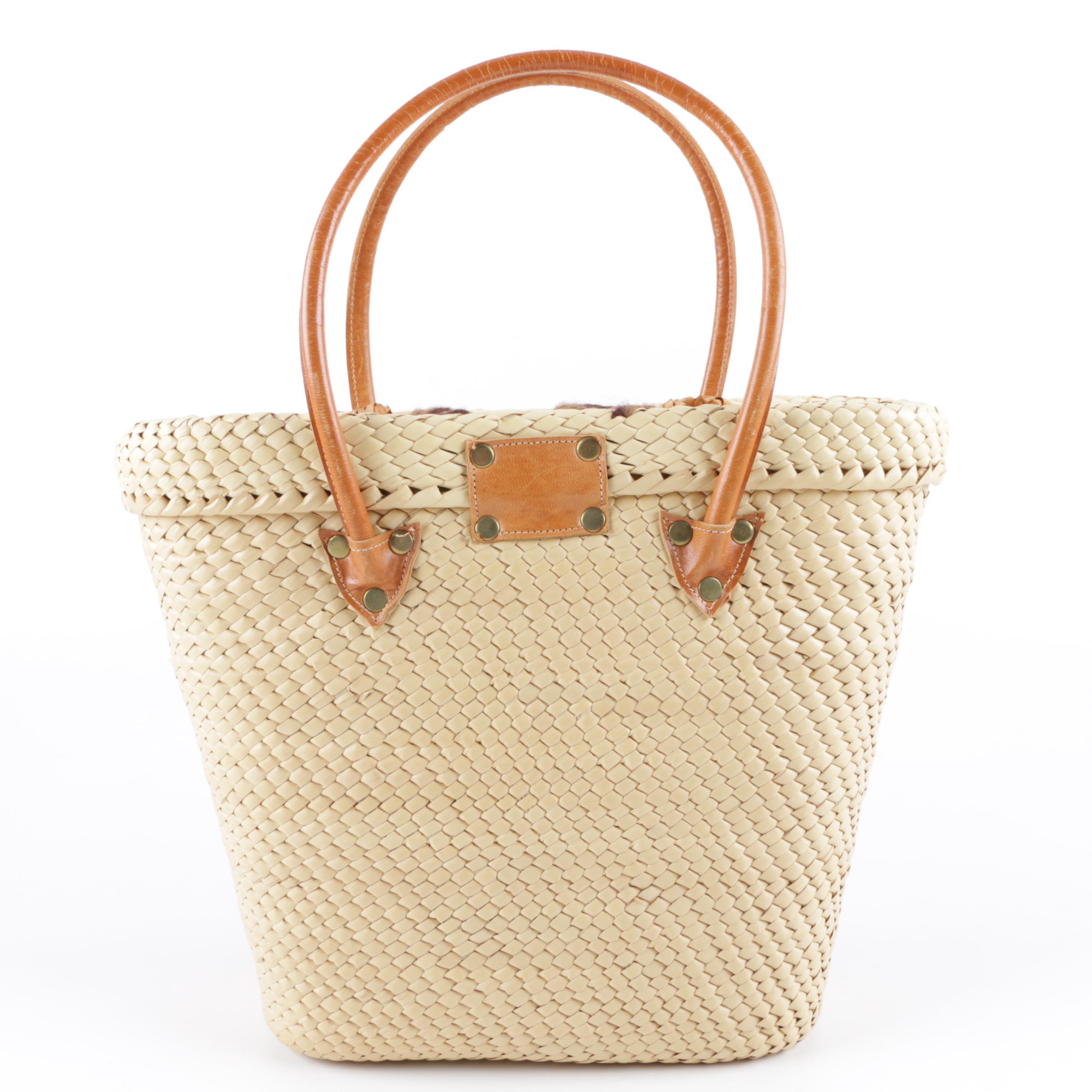 Vintage Raffia Tote with Leather Handles
