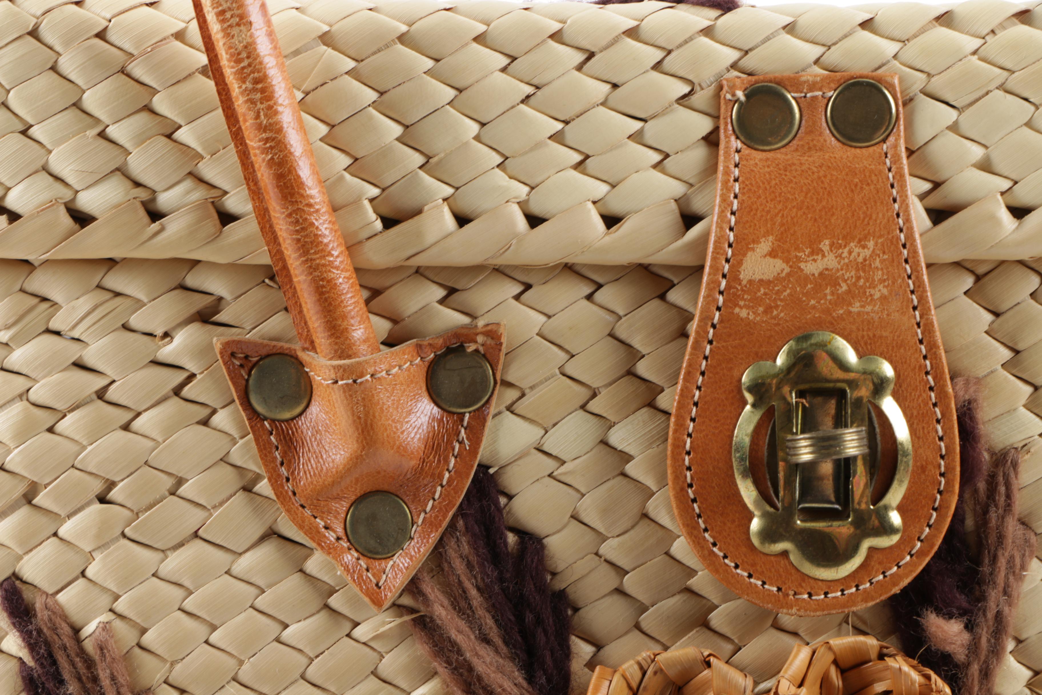 Vintage Raffia Tote with Leather Handles