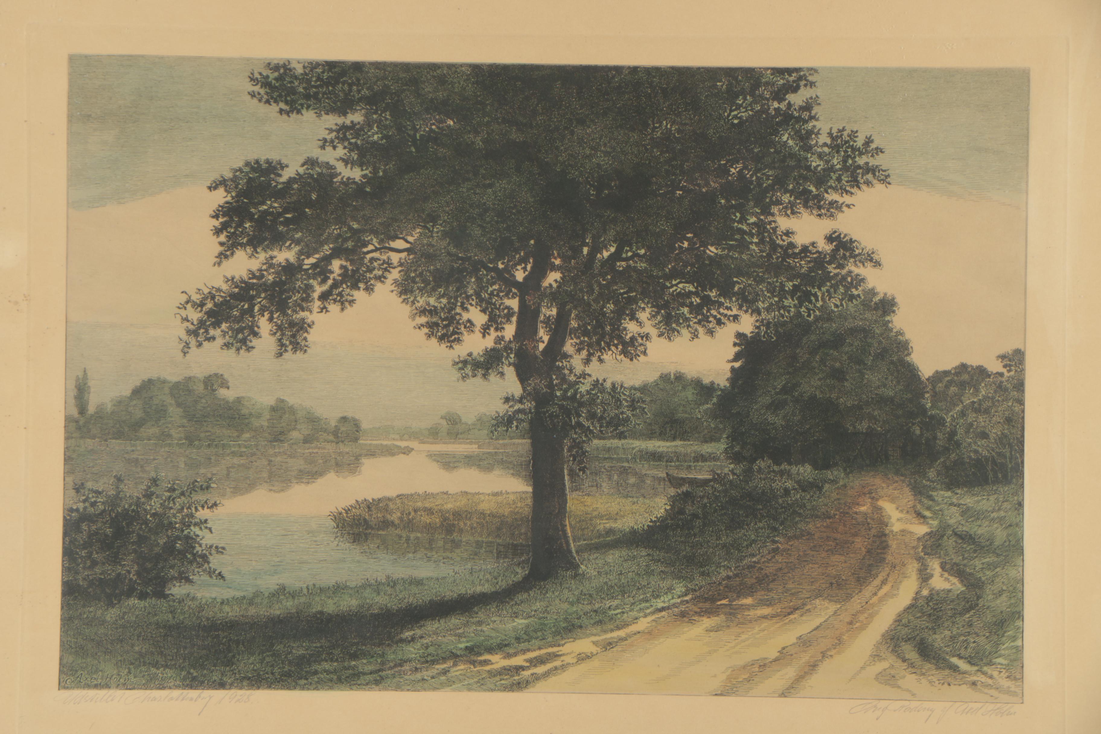 Axel Holm Colored Etching of Danish Lake Landscape