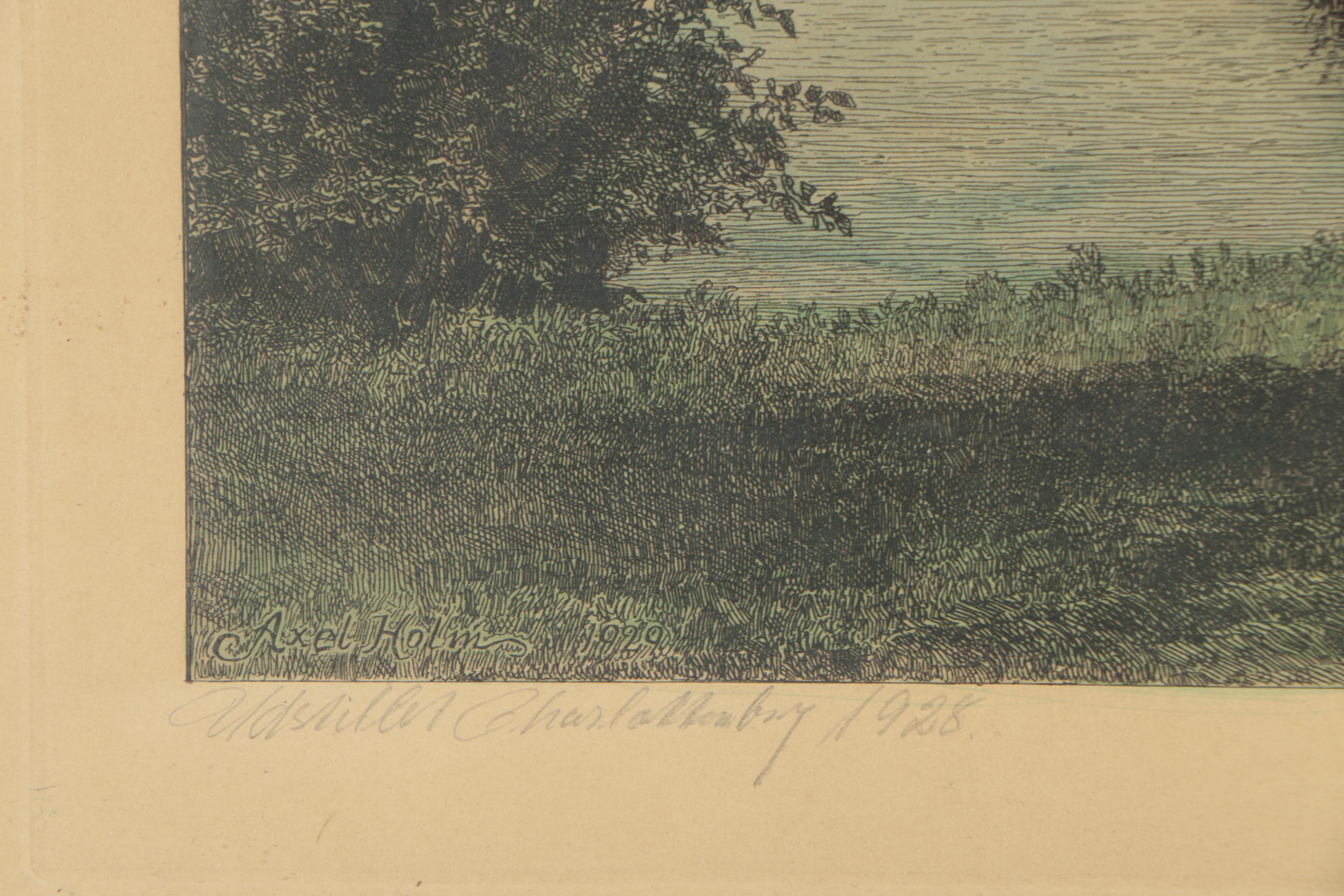 Axel Holm Colored Etching of Danish Lake Landscape