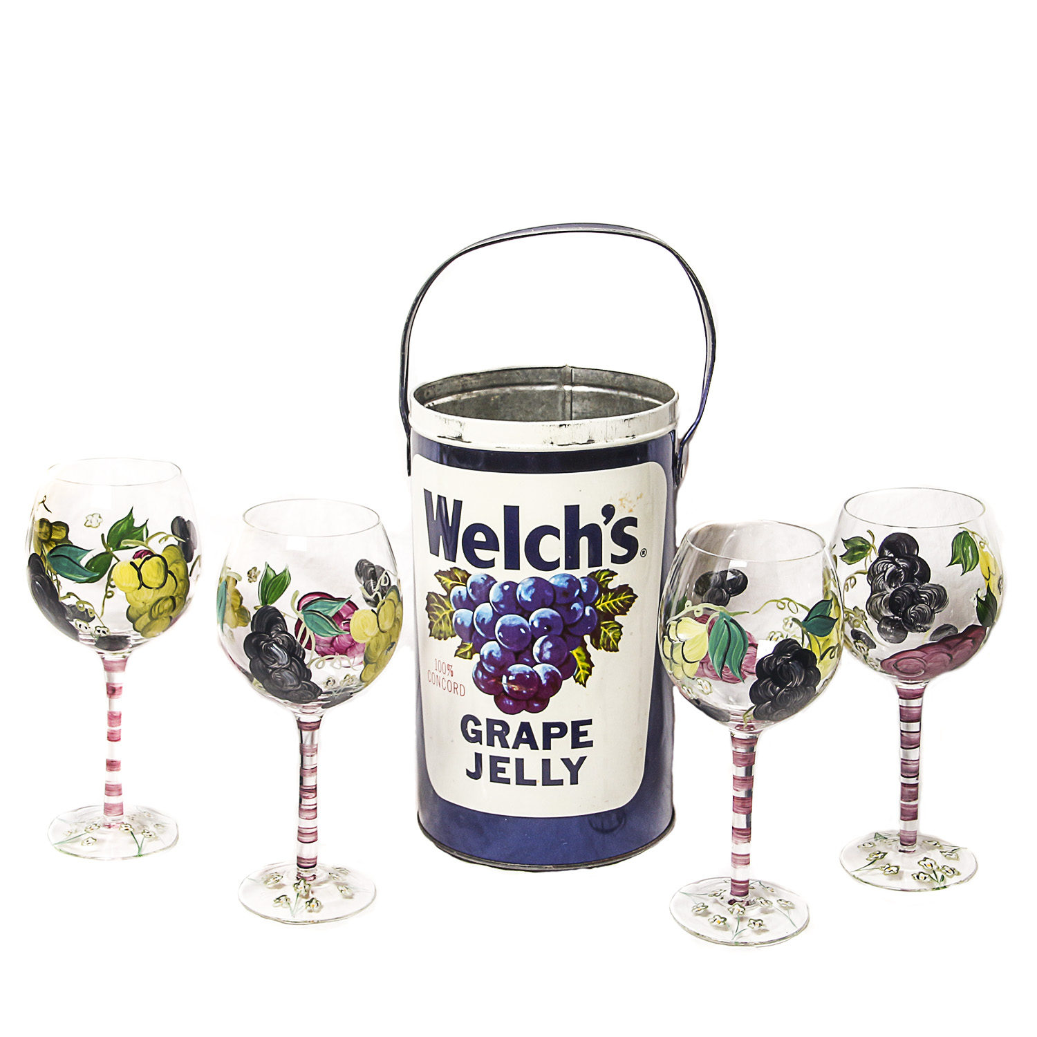 Hand Painted Wine Glasses and Vintage Welch's Grape Jelly Tin