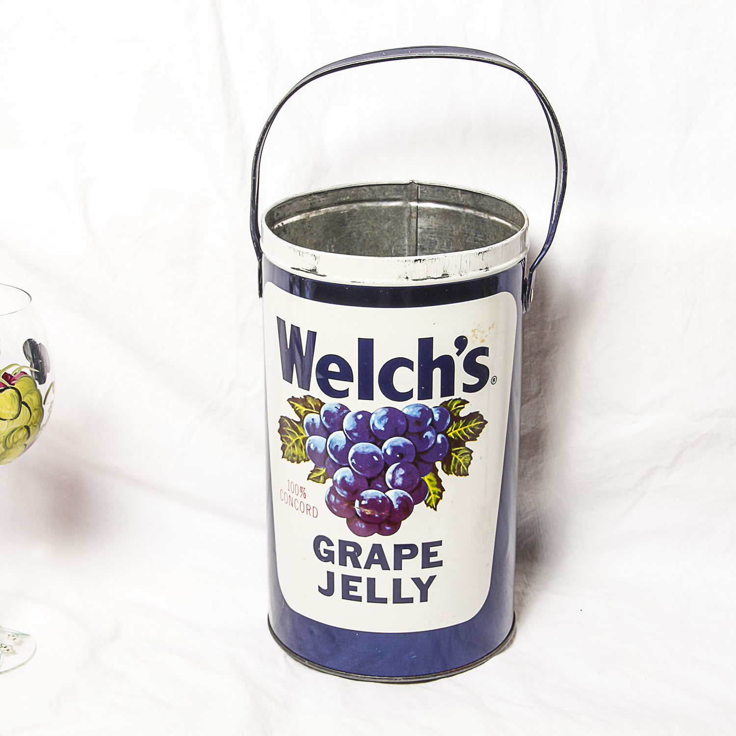 Hand Painted Wine Glasses and Vintage Welch's Grape Jelly Tin
