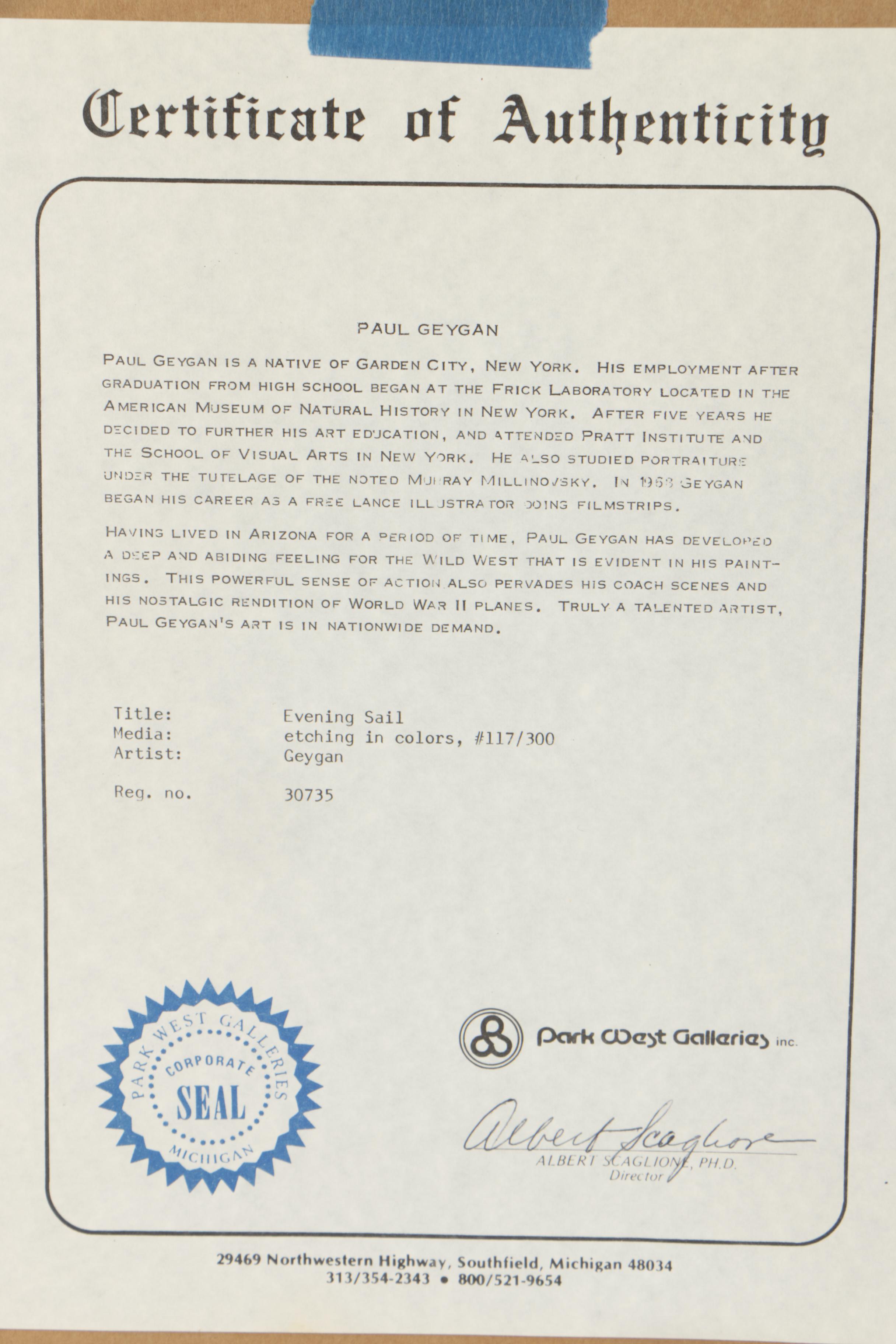 Paul Geygan Colored Engraving "Evening Sail"