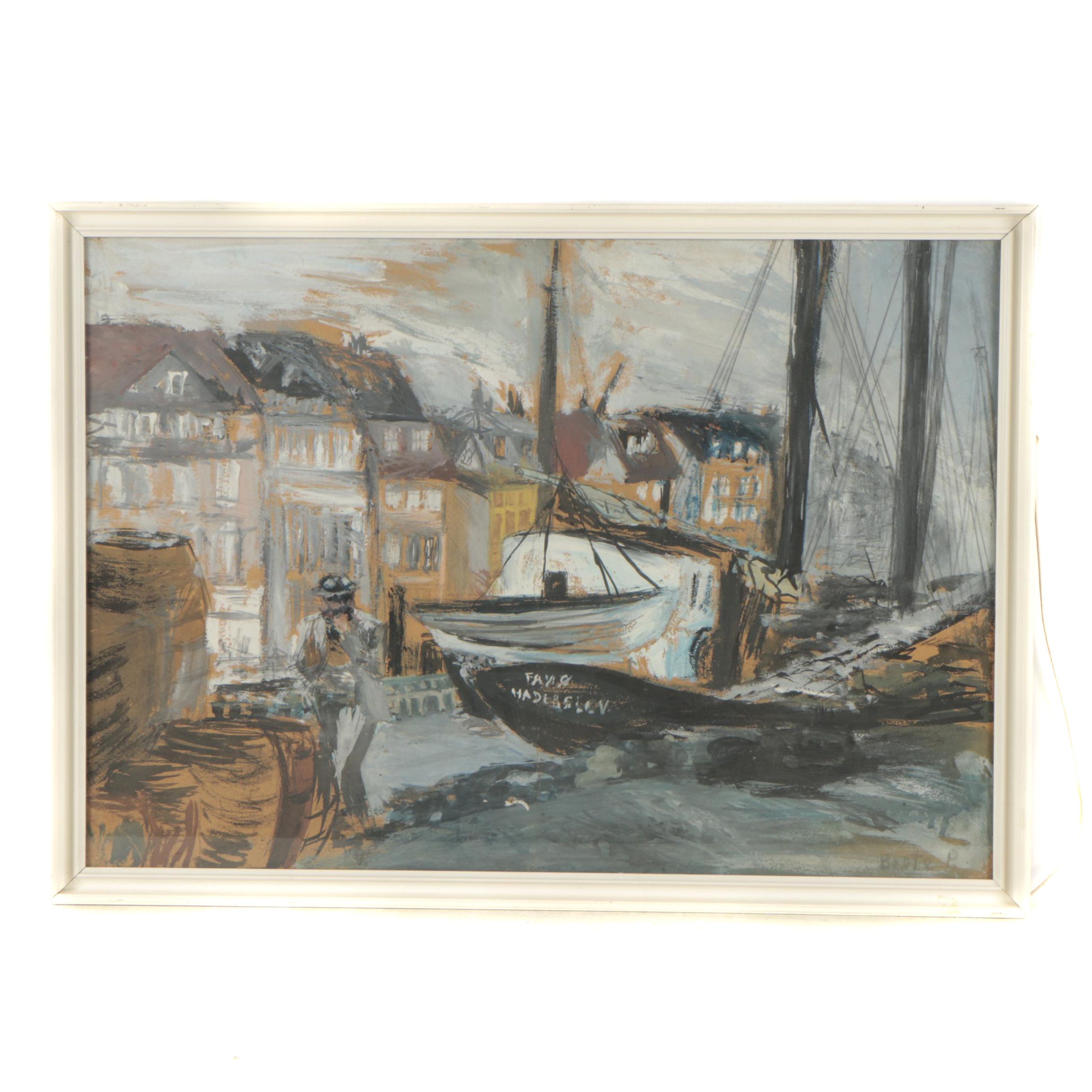 Gouache Painting of a Man on the Docks