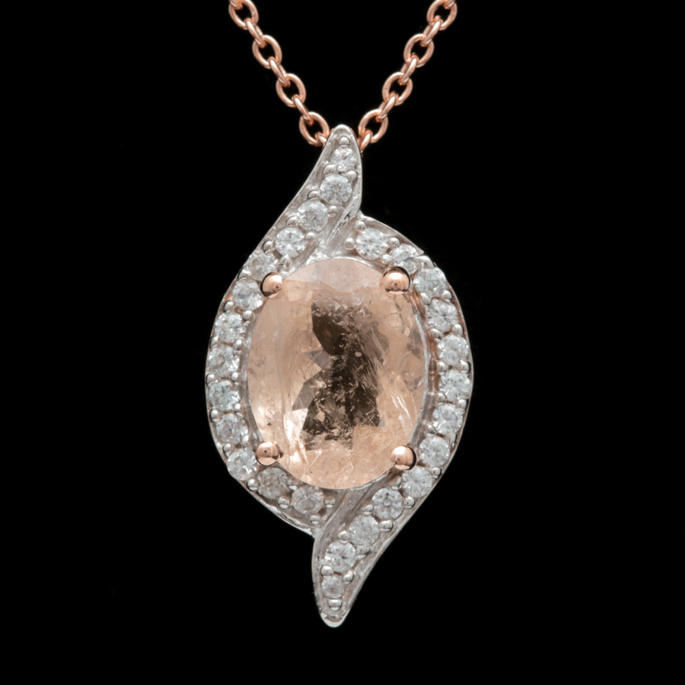 Rose Gold Wash on Sterling Silver, Morganite and White Zircon Pendant with Chain