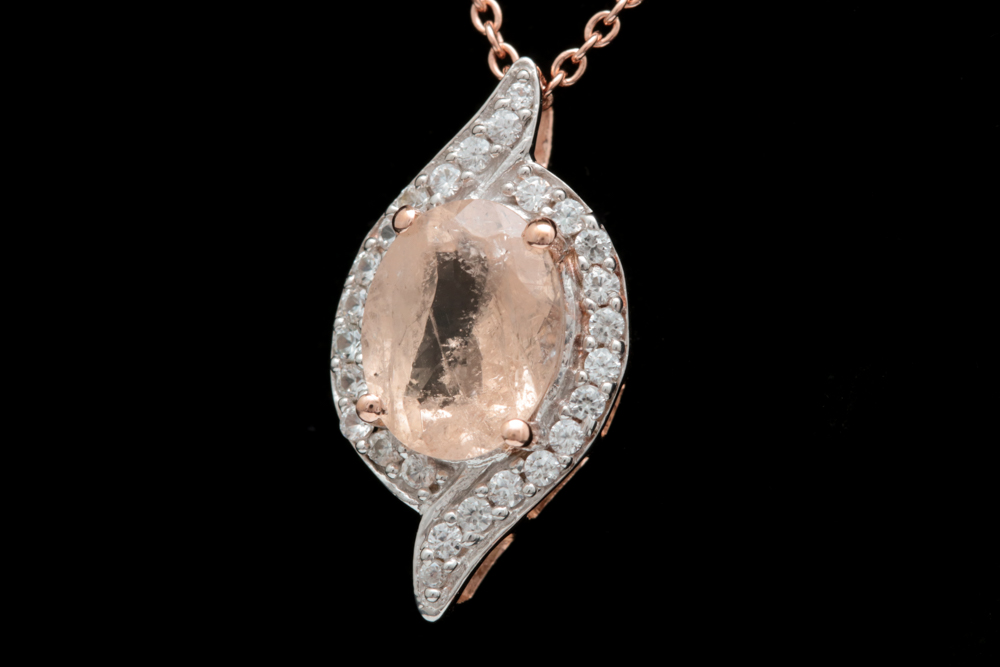 Rose Gold Wash on Sterling Silver, Morganite and White Zircon Pendant with Chain