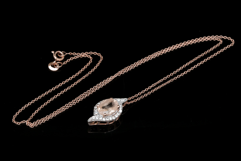 Rose Gold Wash on Sterling Silver, Morganite and White Zircon Pendant with Chain