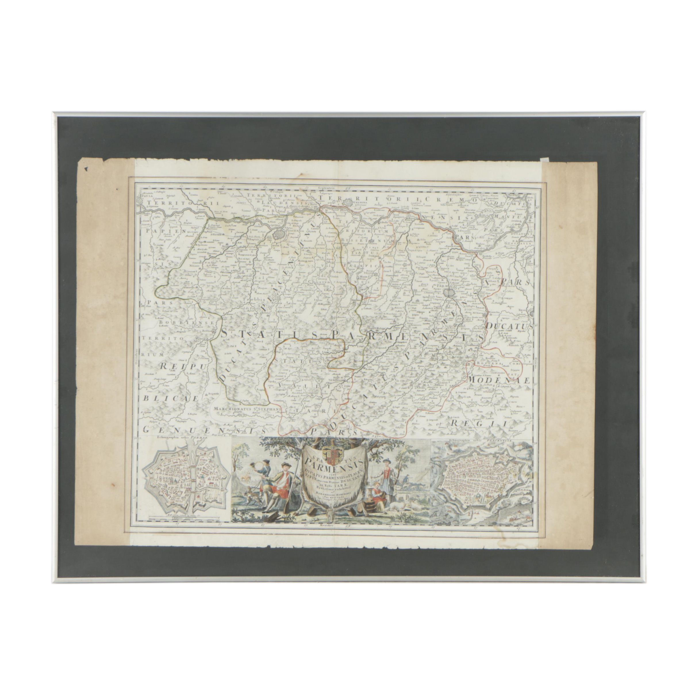 1731 Hand-Colored Engraved Map "Status Parmensis"