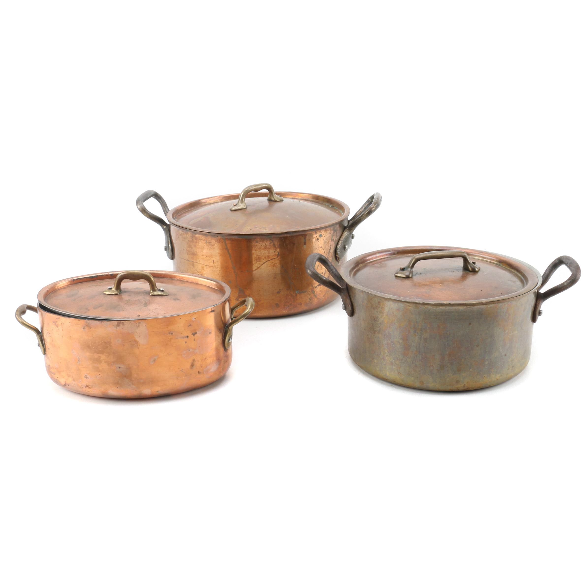 Vintage Copper Pots and Lids Including French Inocuivre Sartel Oval Casserole