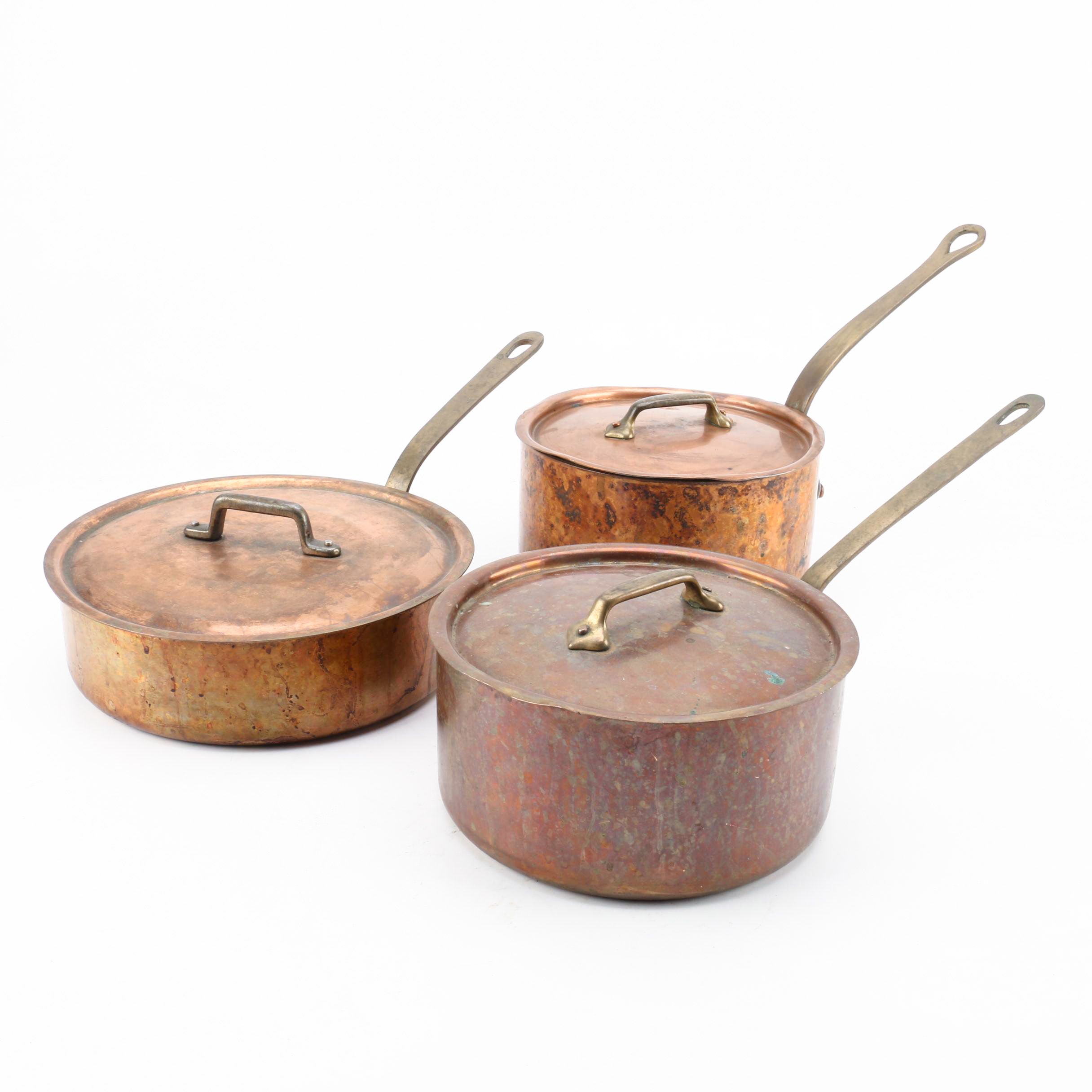 Vintage French Copper Saucepans with Lids and Brass Handles