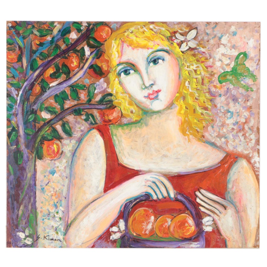 Sarah Kinan Oil Painting of Woman with Apple Tree